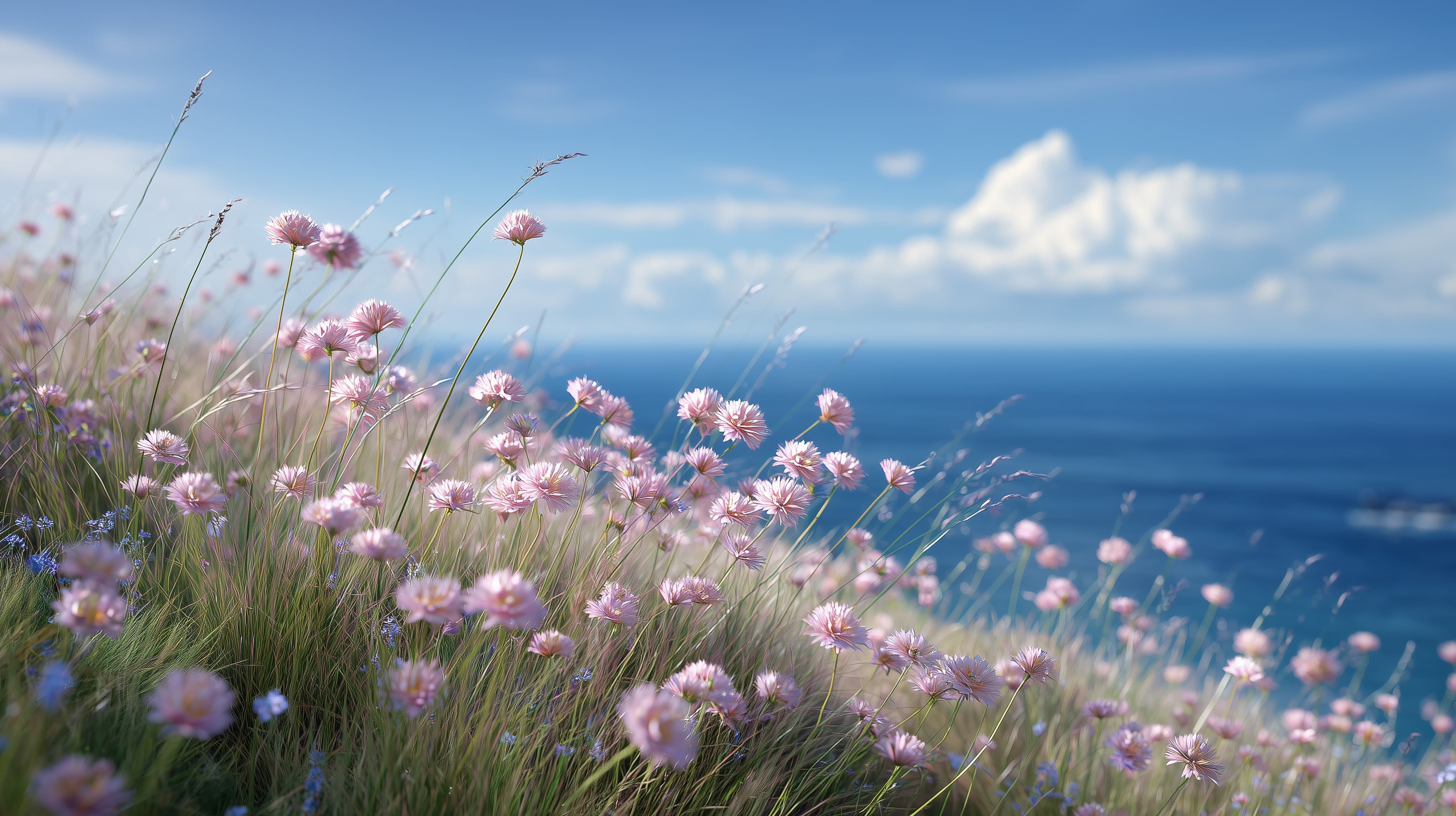 Pastel Pink Meadow by the Sea – Coastal Floral Wallpaper - High Resolution calm-landscape Wallpaper for Mobile and Desktop