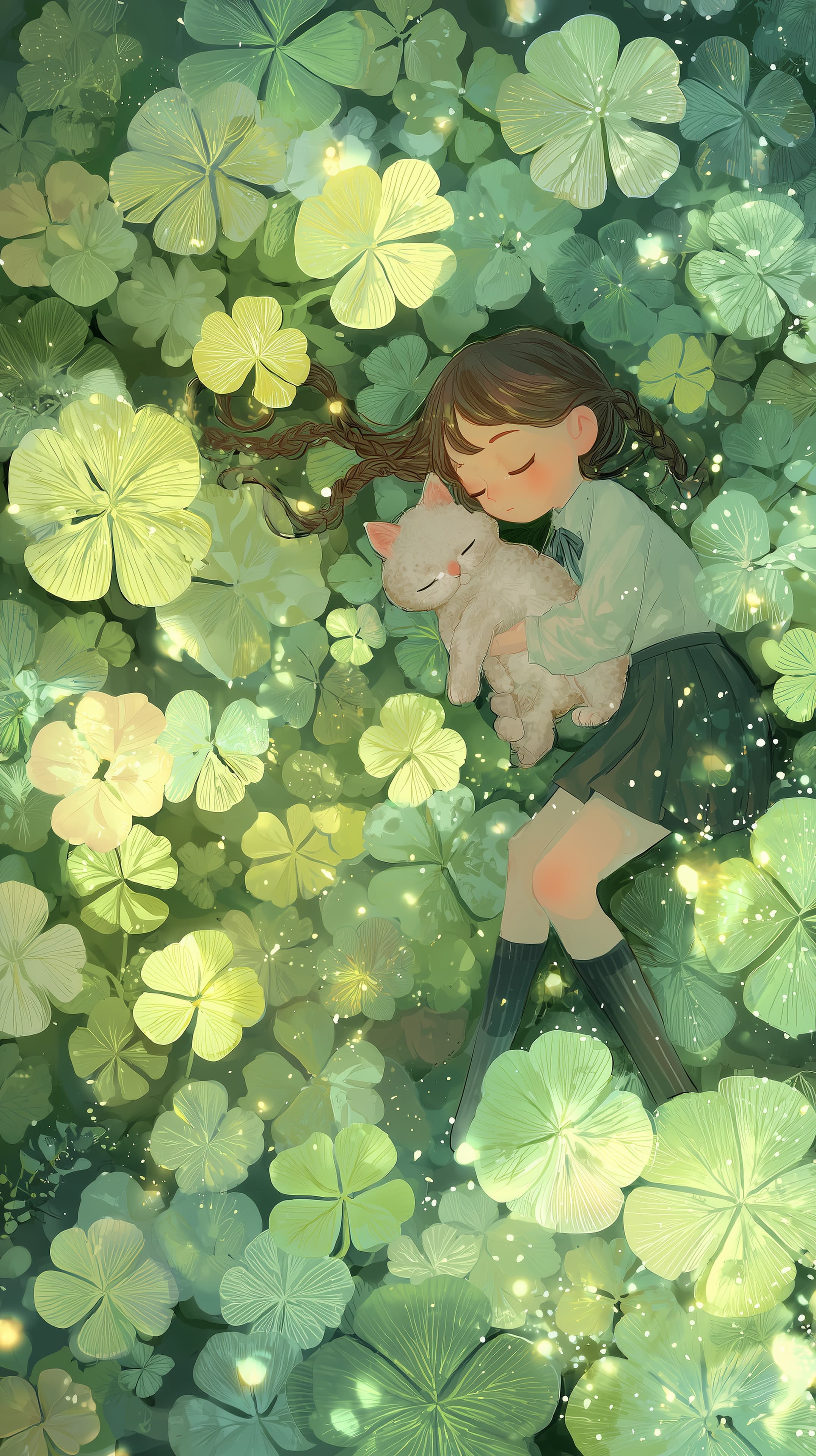 Dreamy Green Clover Garden Scene with Girl and Cat - High Resolution cat Wallpaper for Mobile and Desktop