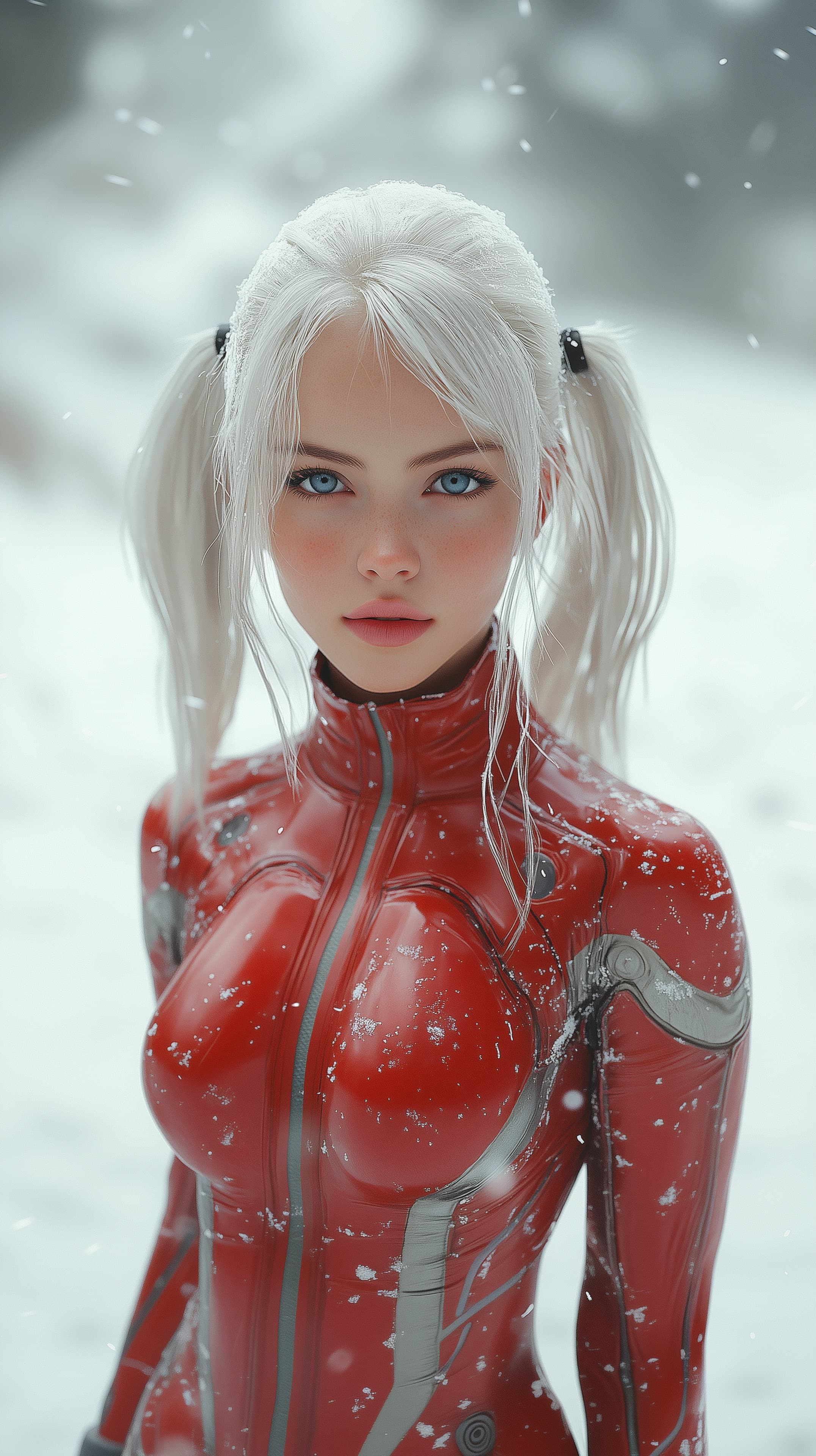 Snowy Portrait in a Glossy Red Tech Suit - High Resolution 3d-render Wallpaper for Mobile and Desktop