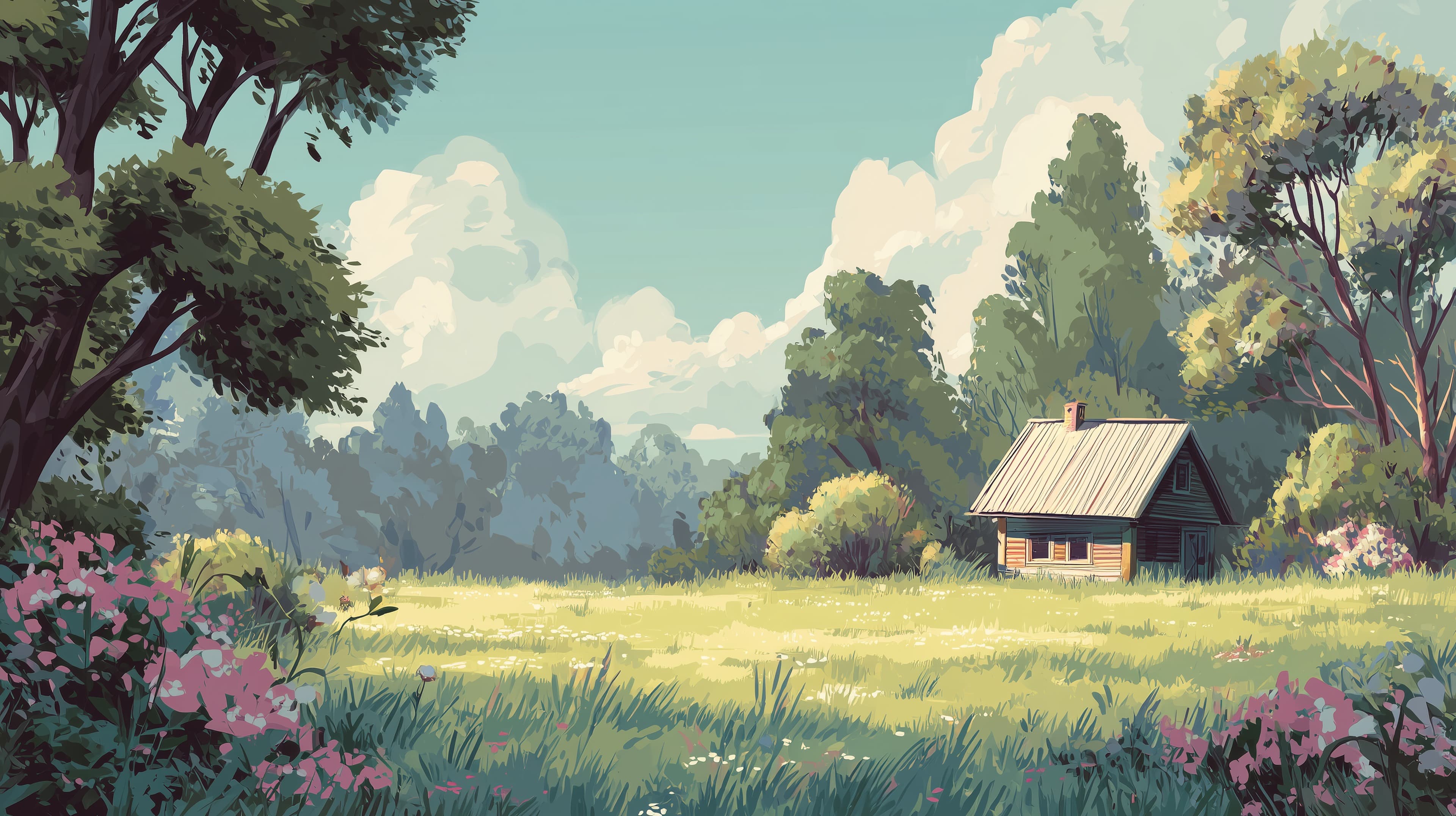 Pastoral countryside cottage in a sunlit meadow wallpaper - High Resolution cottage Wallpaper for Mobile and Desktop