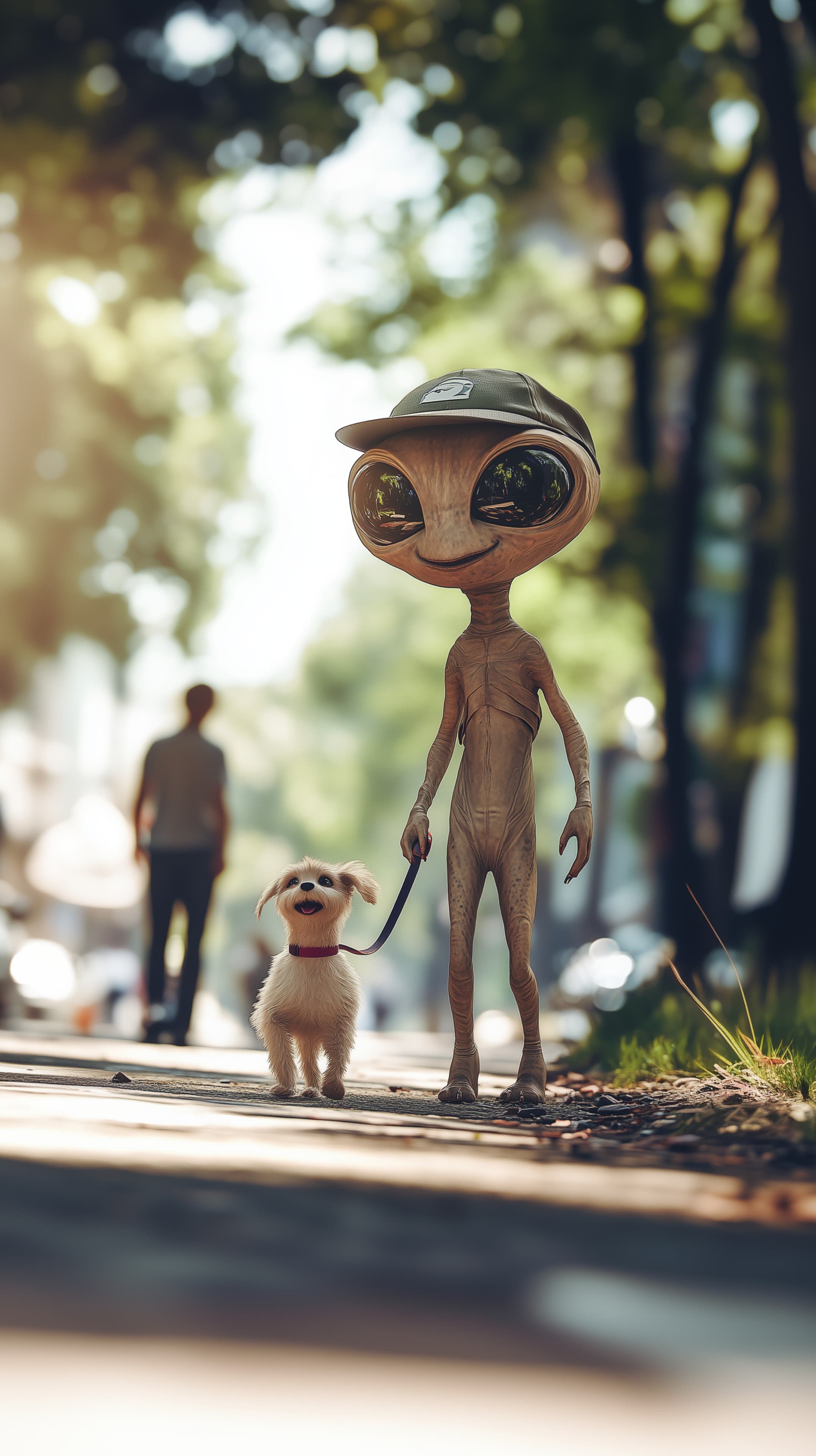 Whimsical alien with big eyes walks a dog in a sunlit park - High Resolution alien Wallpaper for Mobile and Desktop
