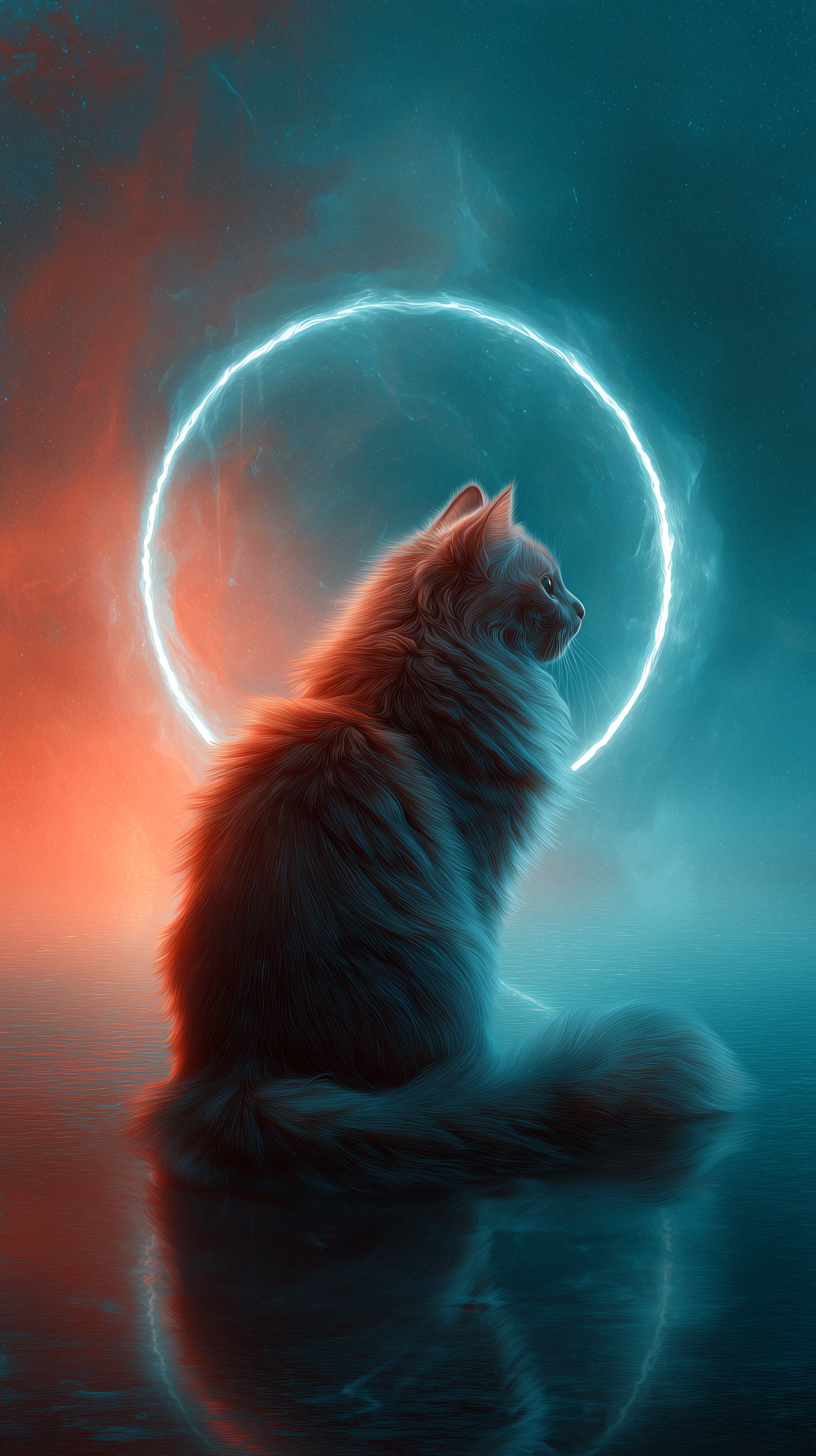 Dreamy Neon Cat Portrait with Circular Halo Over Ocean - High Resolution cat Wallpaper for Mobile and Desktop