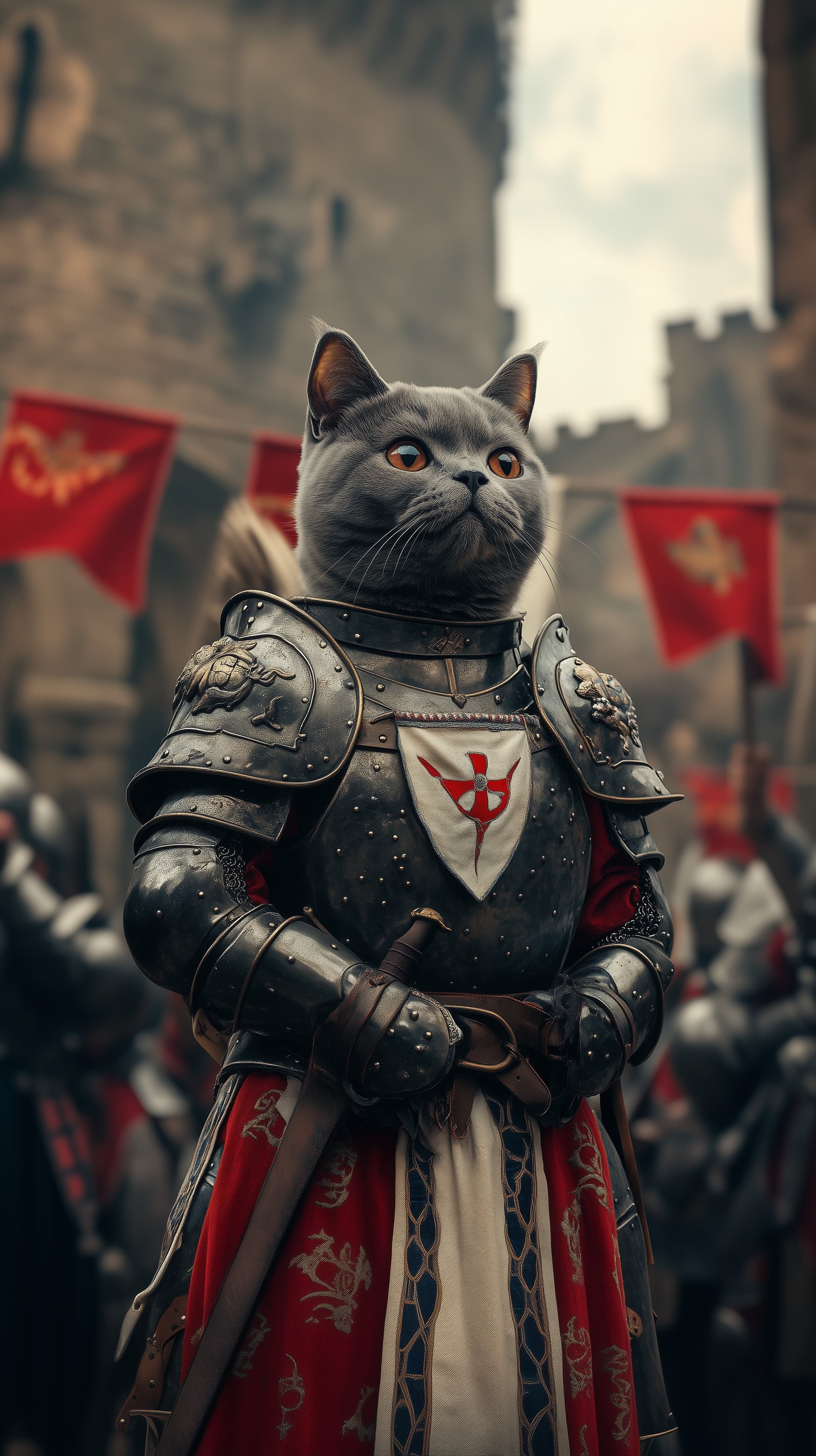 Epic Knight Cat in Shining Armor Amid Castle Battle Scene - High Resolution armor Wallpaper for Mobile and Desktop