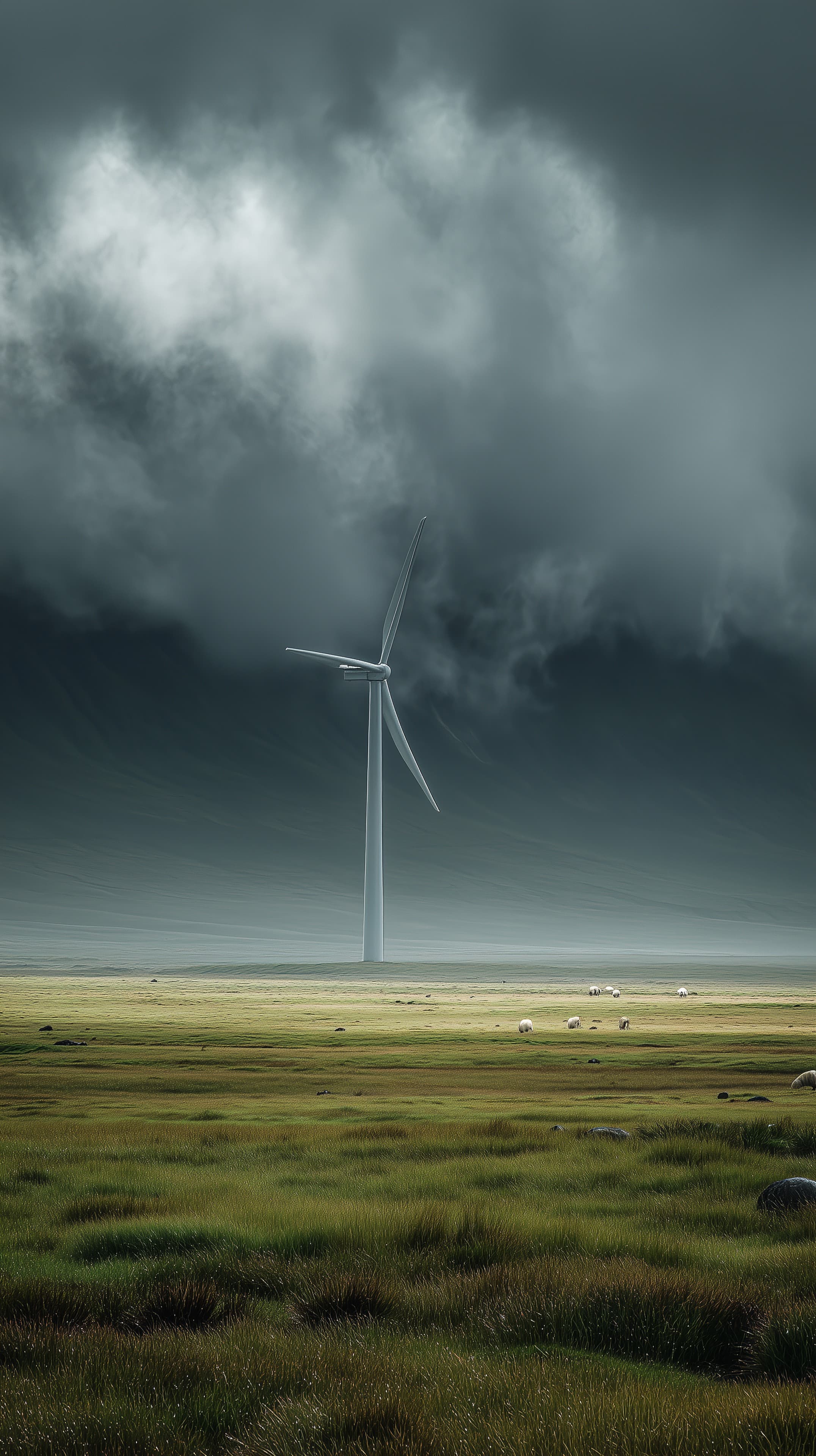 Moody Stormy Sky Over a Lone Wind Turbine in Open Plains - High Resolution environment Wallpaper for Mobile and Desktop
