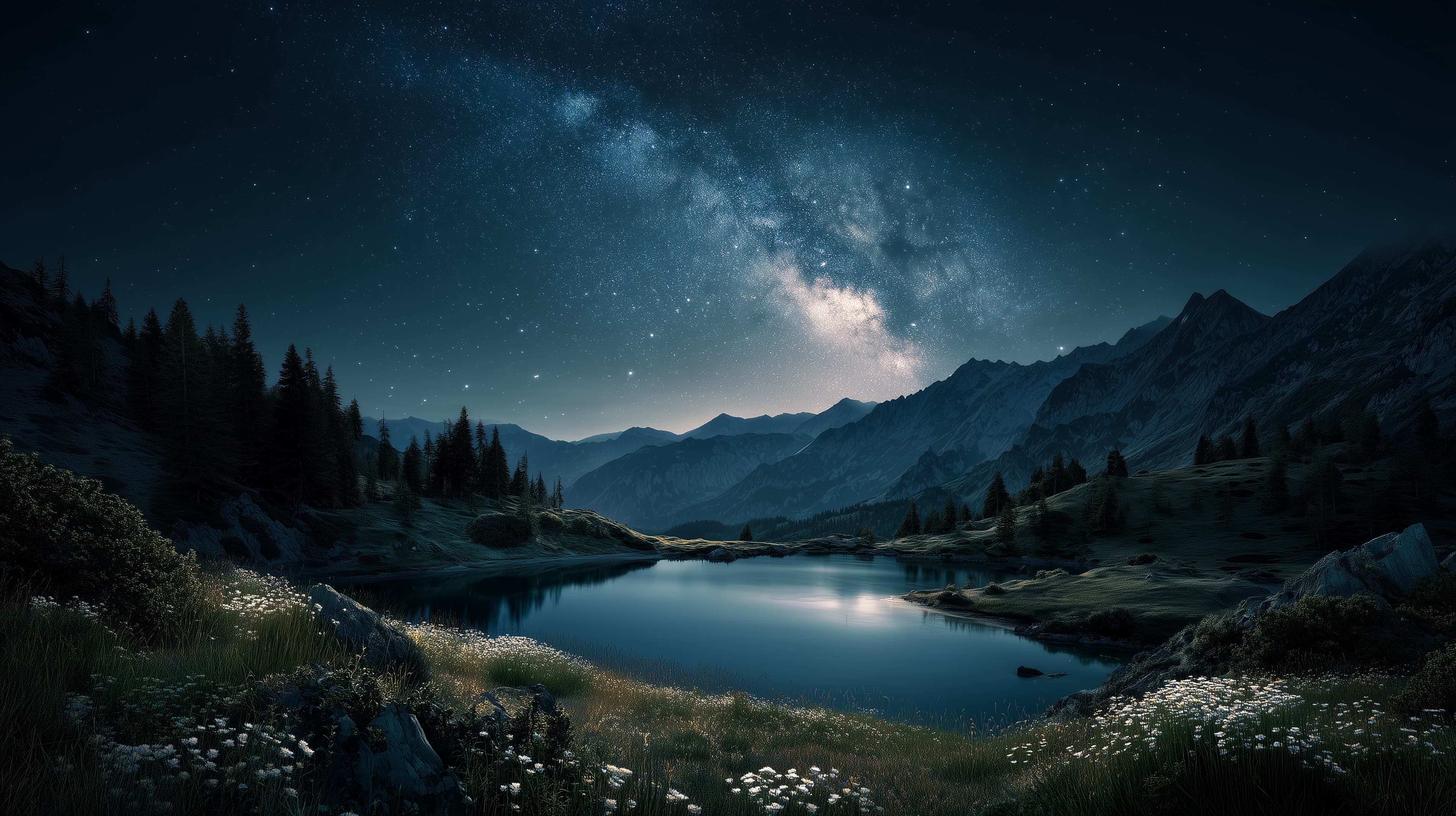 Starlit Mountain Lake at Night – Celestial Milky Way Panorama - High Resolution dark-sky Wallpaper for Mobile and Desktop