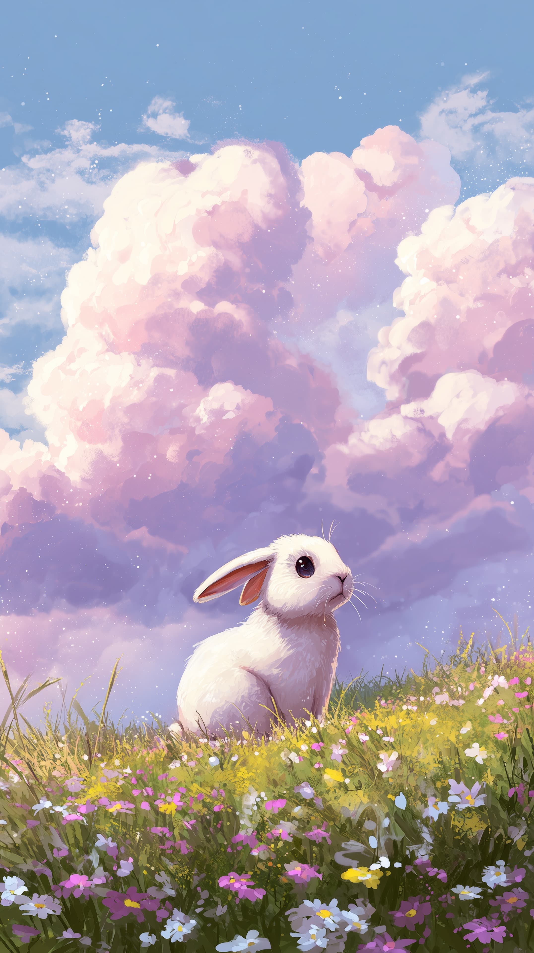 Pastel Sky Bunny in Blooming Meadow - Dreamy Wallpaper - High Resolution bunny Wallpaper for Mobile and Desktop