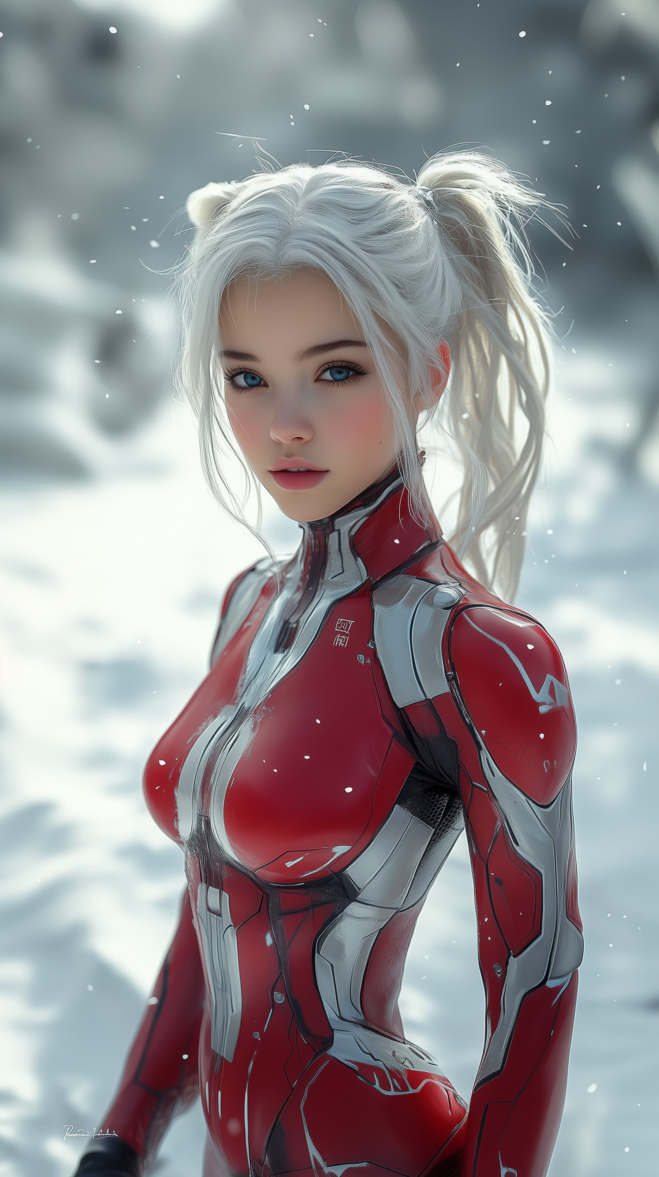 Futuristic Snow Warrior Woman in Red Armor Wallpaper - High Resolution anime-inspired Wallpaper for Mobile and Desktop