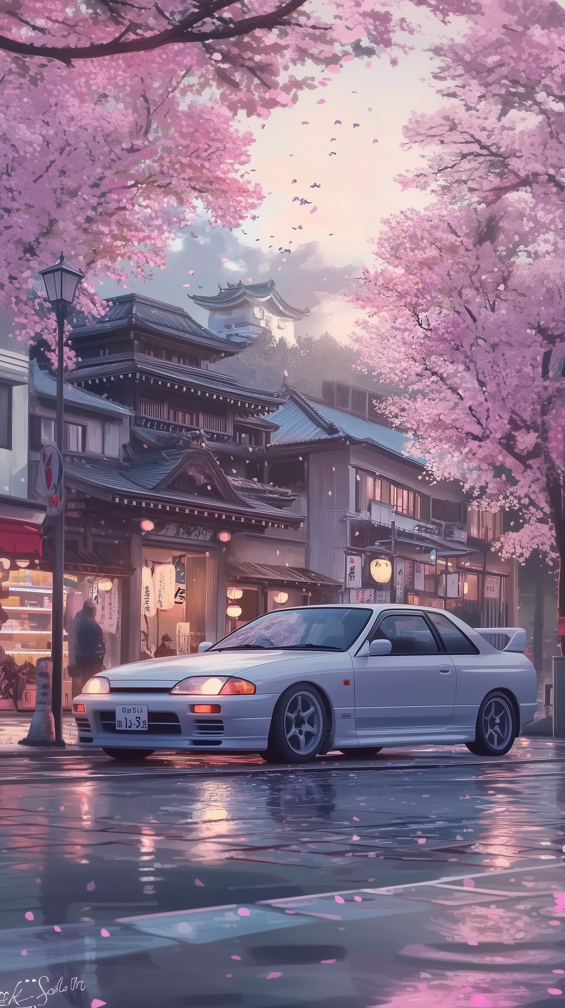 Pastel Sakura Street Scene with Classic Sports Car at Dusk - High Resolution anime-art Wallpaper for Mobile and Desktop