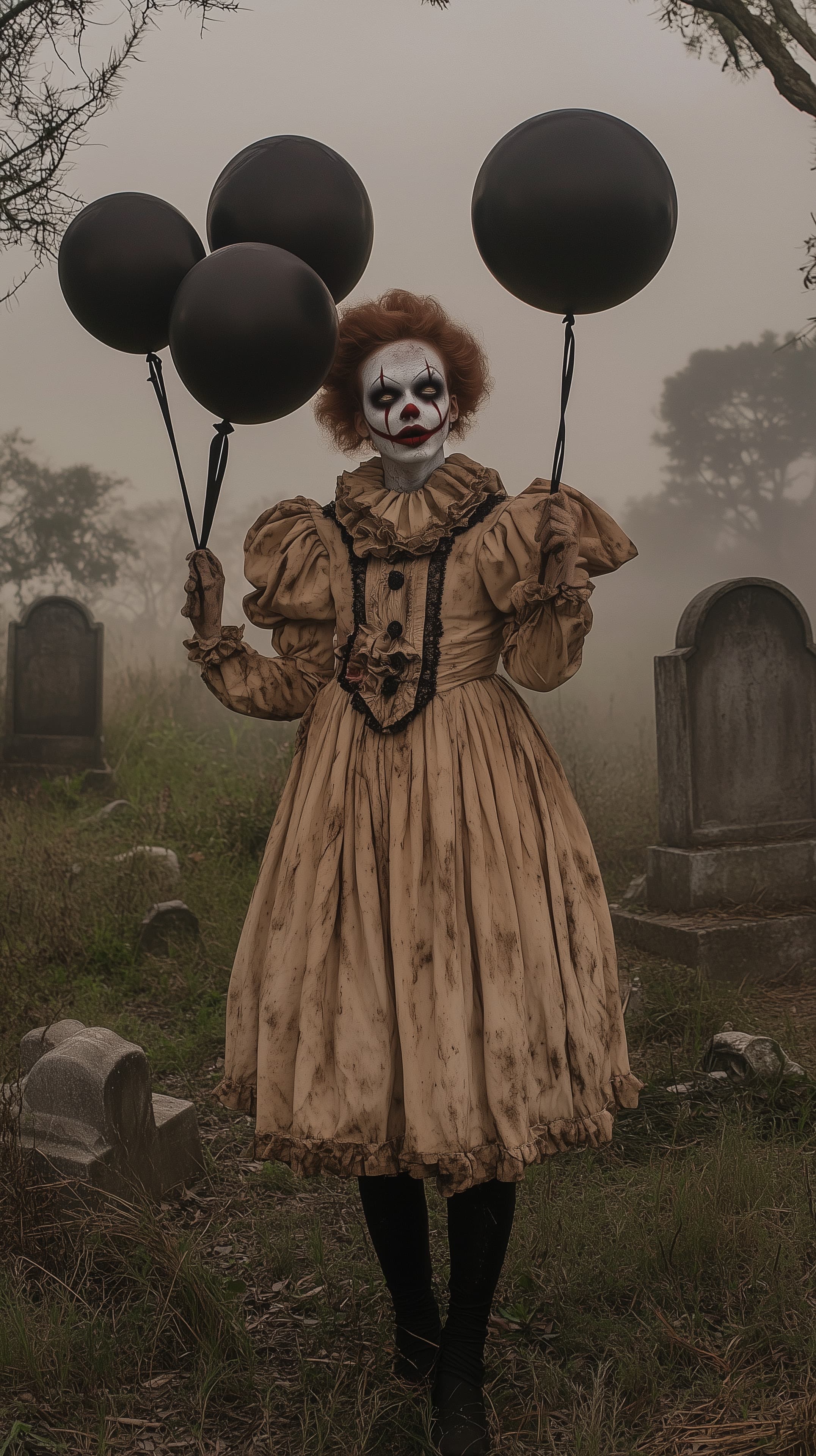 Eerie Clown in Vintage Dress with Black Balloons at Dusk - High Resolution balloons Wallpaper for Mobile and Desktop