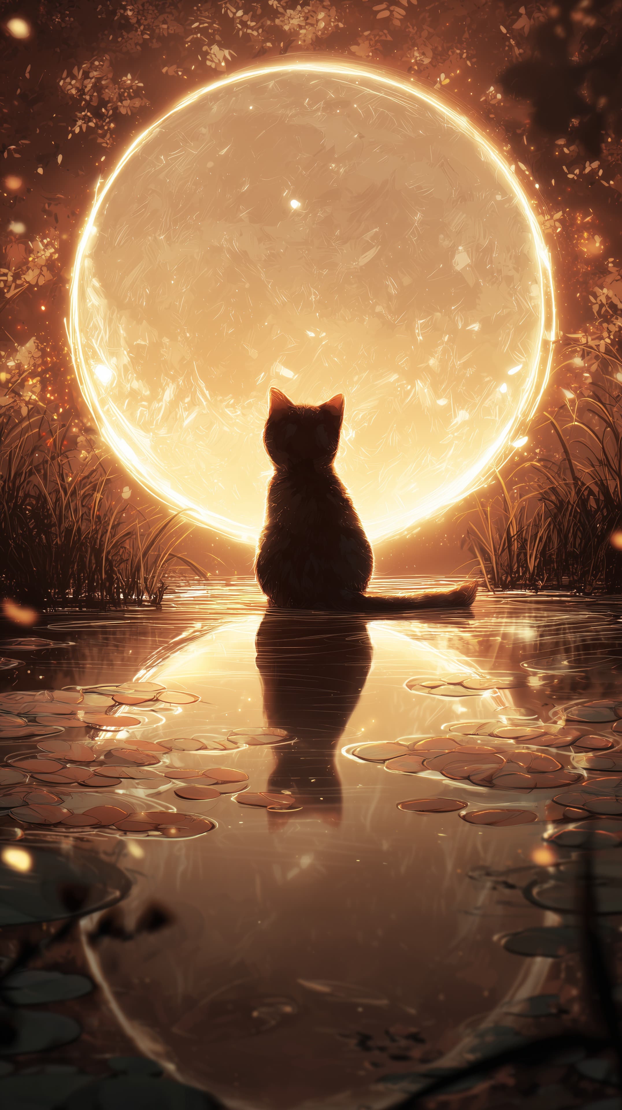 Cat Silhouette Before a Glowing Orb in a Dreamy Night Scene - High Resolution amber-glow Wallpaper for Mobile and Desktop