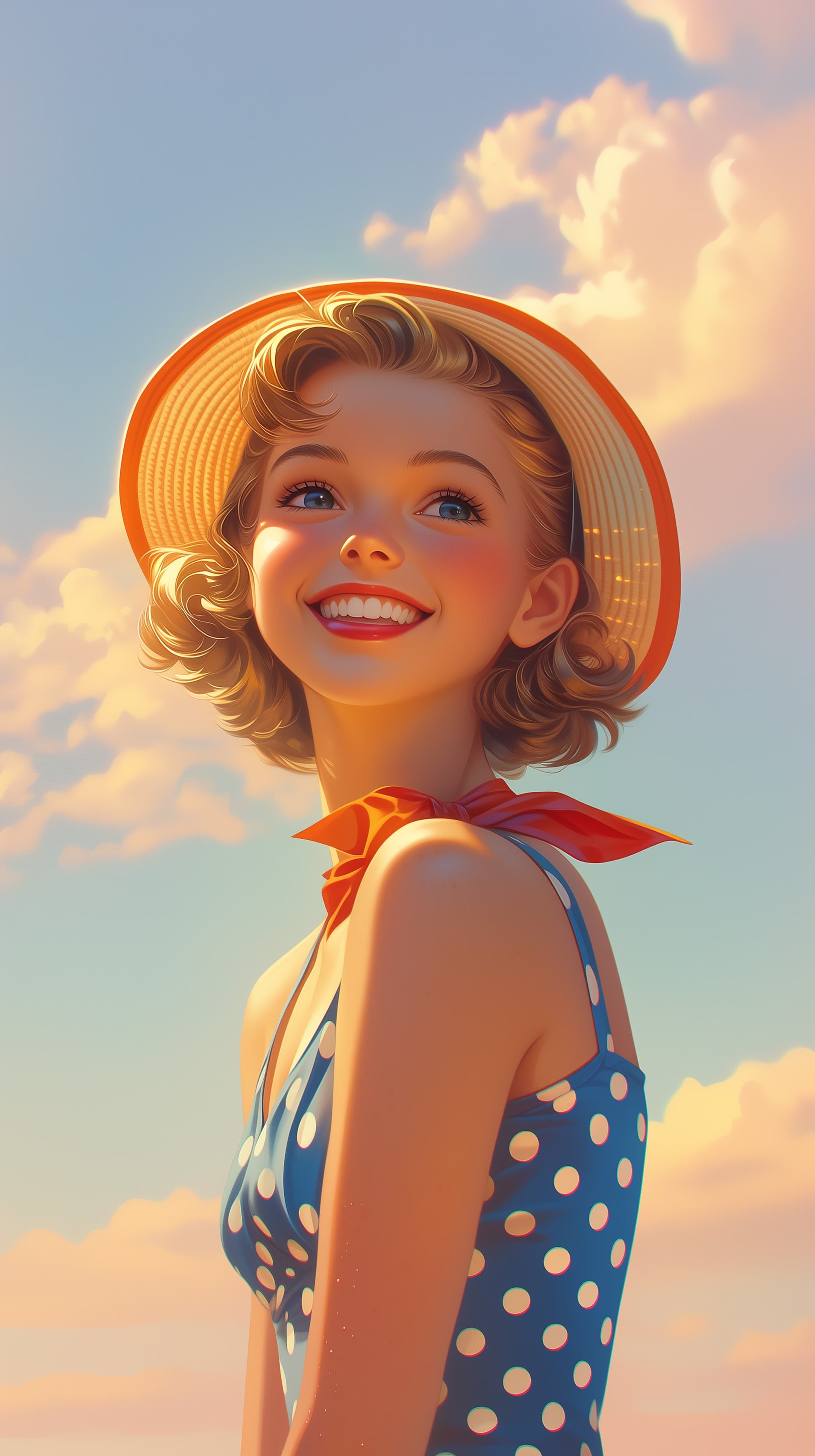 Sunny Summer Portrait: Cheerful Girl in Polka Dot Dress - High Resolution blue-outfit Wallpaper for Mobile and Desktop