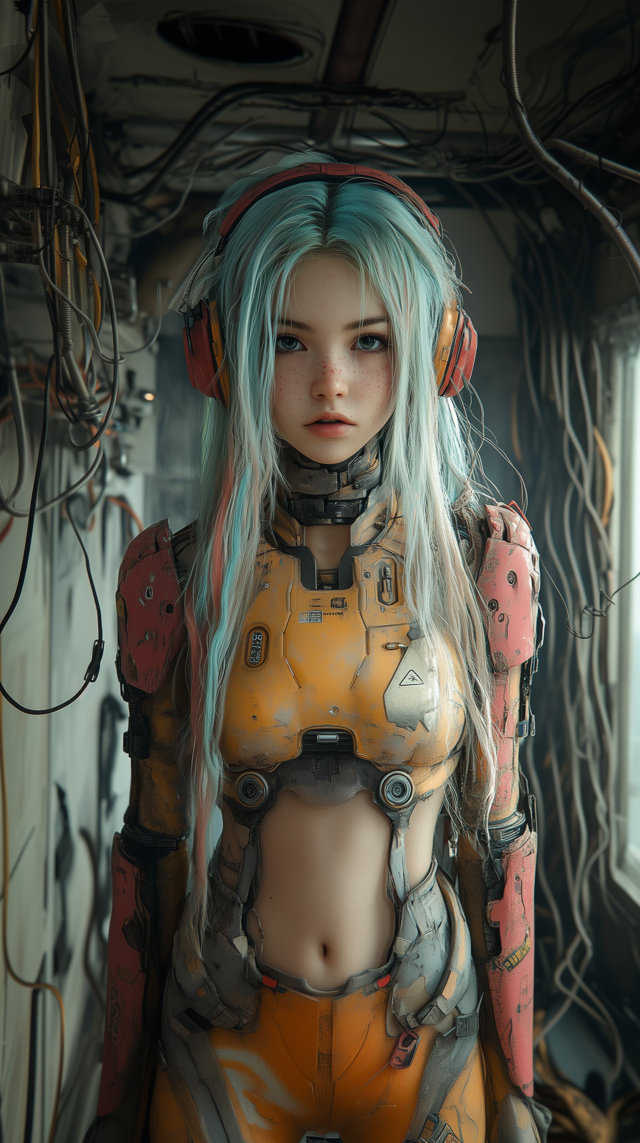 Cybernetic Portrait: Neon Armored Suit with Mint Hair - High Resolution armored-suit Wallpaper for Mobile and Desktop