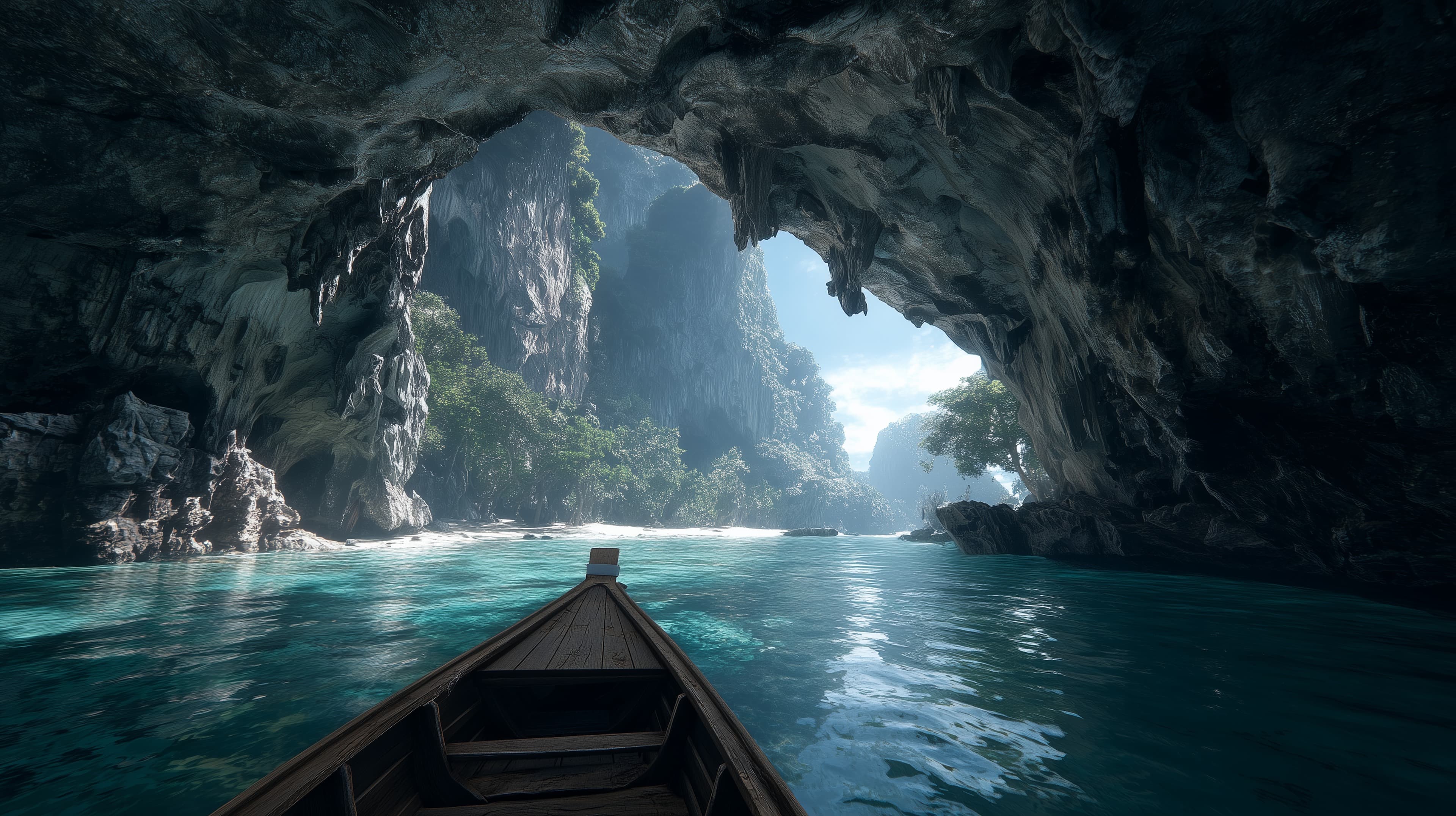 Tranquil Sea Cave Escape: turquoise waters and sunlight - High Resolution boat-scene Wallpaper for Mobile and Desktop