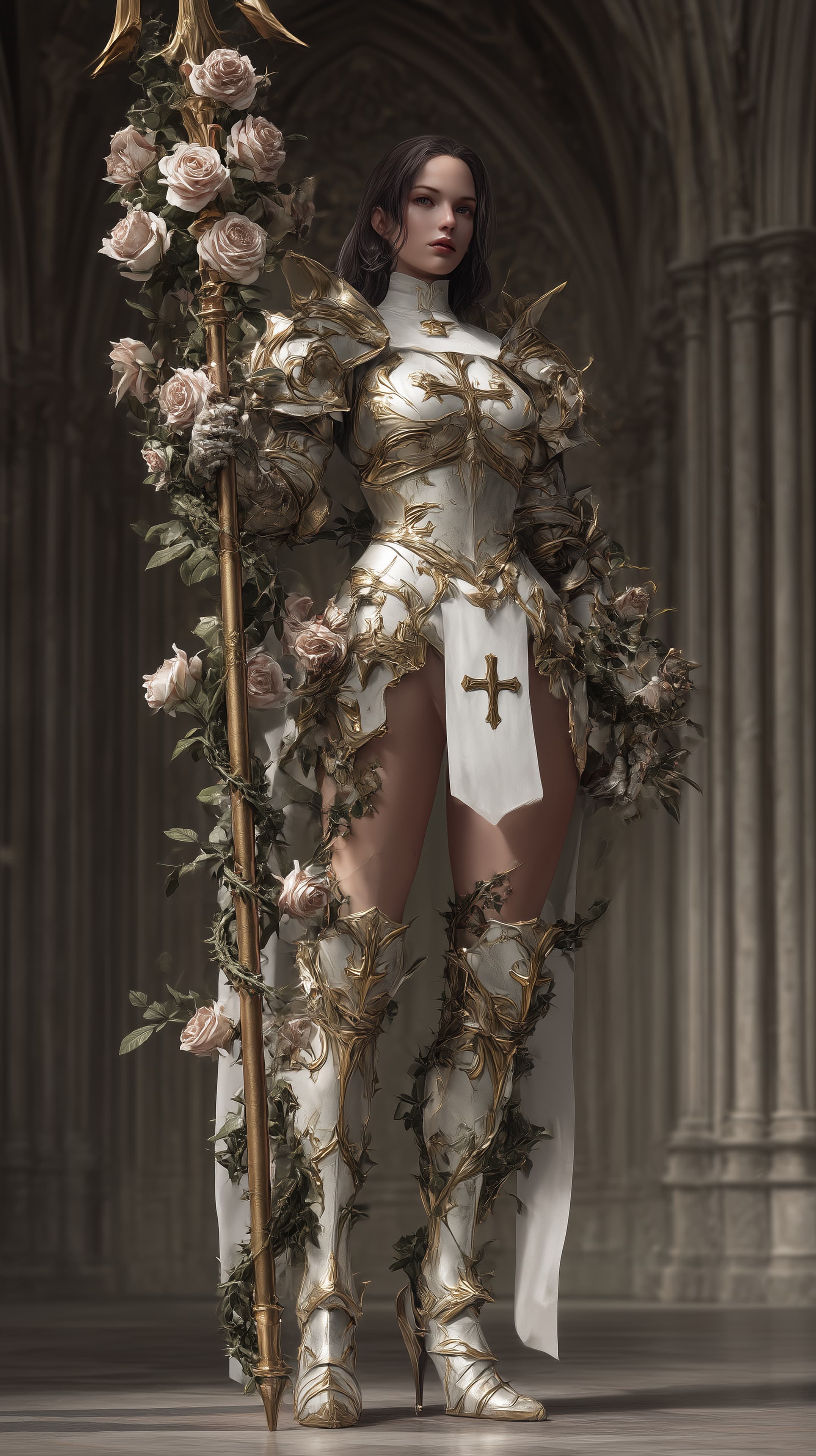 Elegant Floral-Armor Warrior Portrait in White & Gold - High Resolution armored-warrior Wallpaper for Mobile and Desktop
