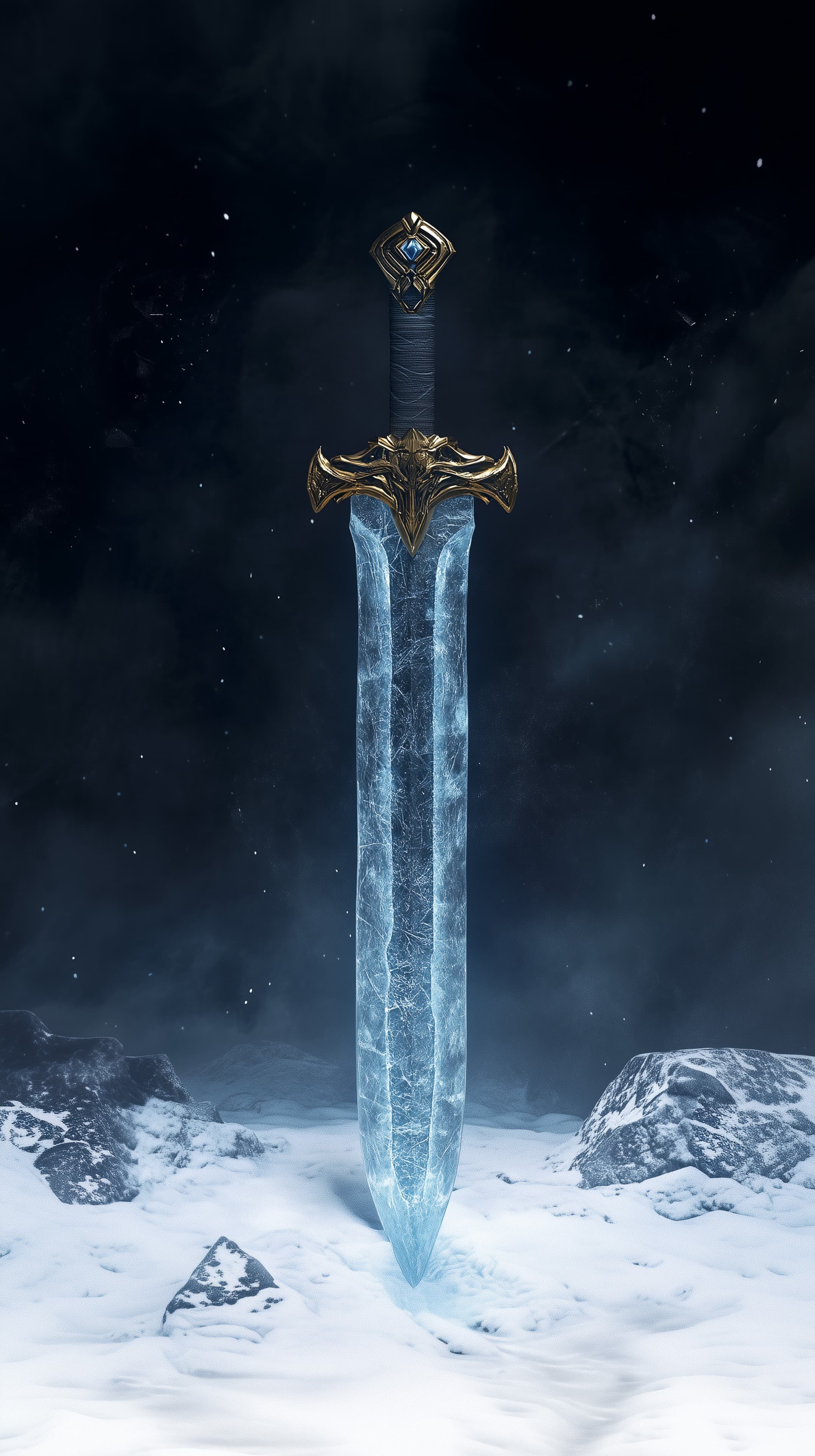 Icebound Sword in Night Sky: Crystal Blade Over Snow - High Resolution dark-night Wallpaper for Mobile and Desktop