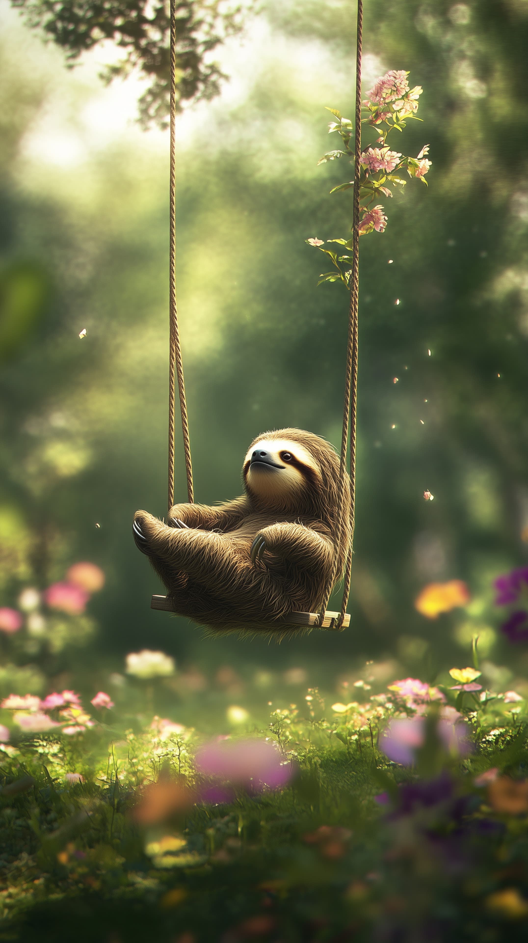 Whimsical Sloth on a Swing in a Sunlit Garden Wallpaper - High Resolution bokeh Wallpaper for Mobile and Desktop