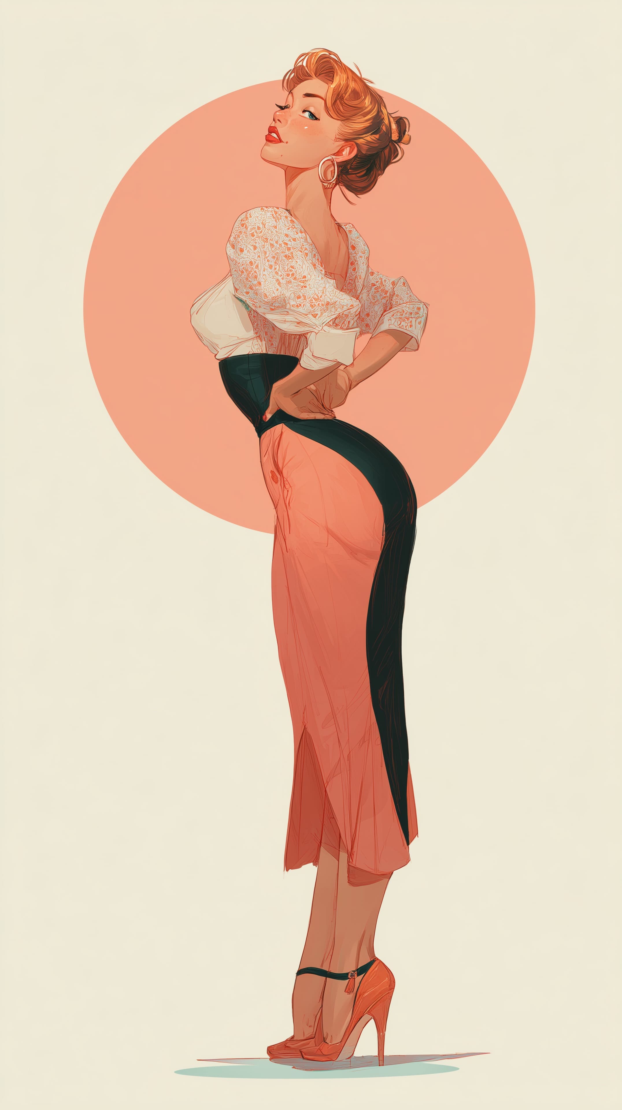 Vintage Fashion Illustration: Elegant Woman in Peach Tones - High Resolution color-block-dress Wallpaper for Mobile and Desktop