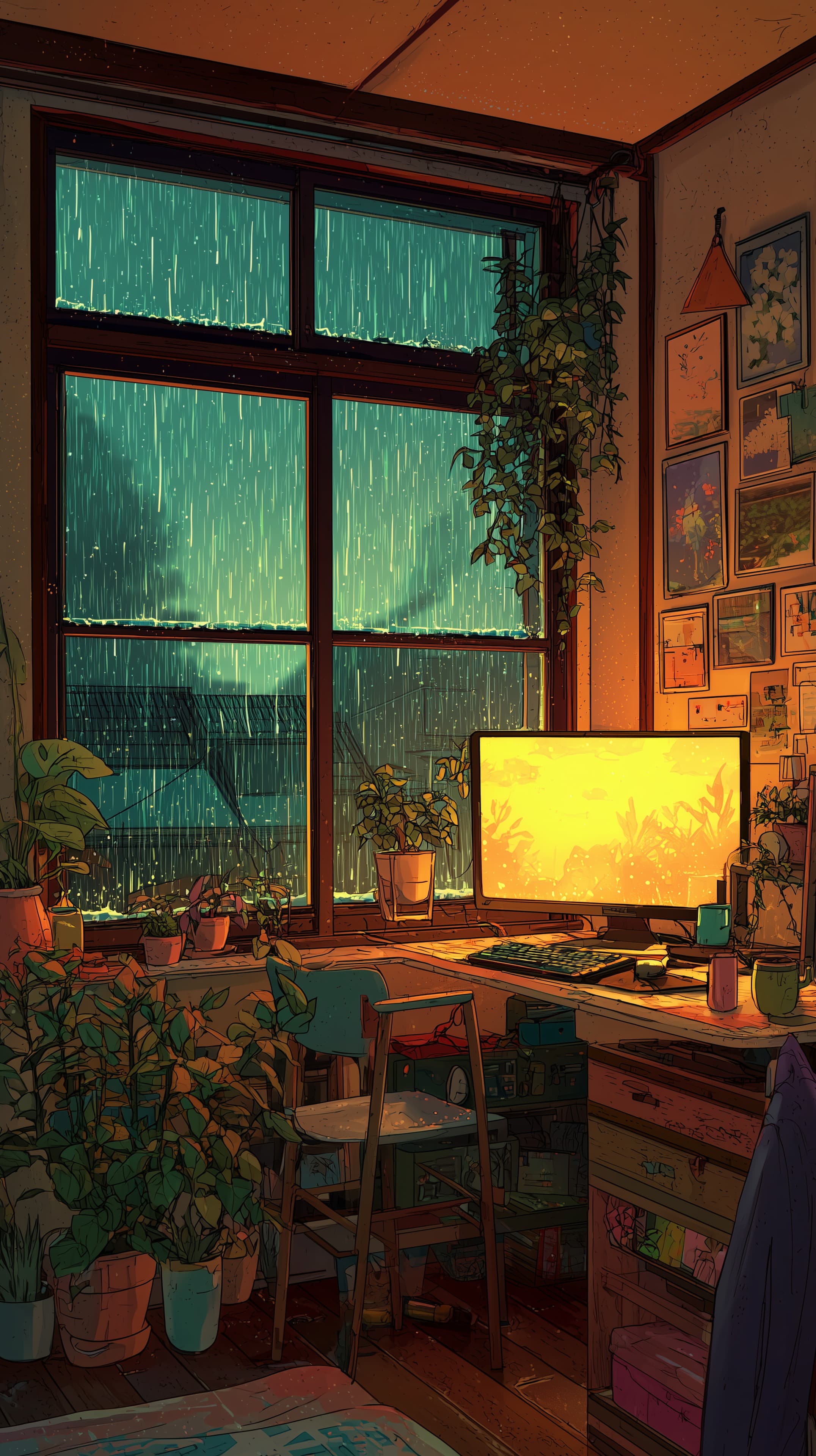 Cozy Rainy Night Workspace with Plants and Warm Glow - High Resolution cozy Wallpaper for Mobile and Desktop