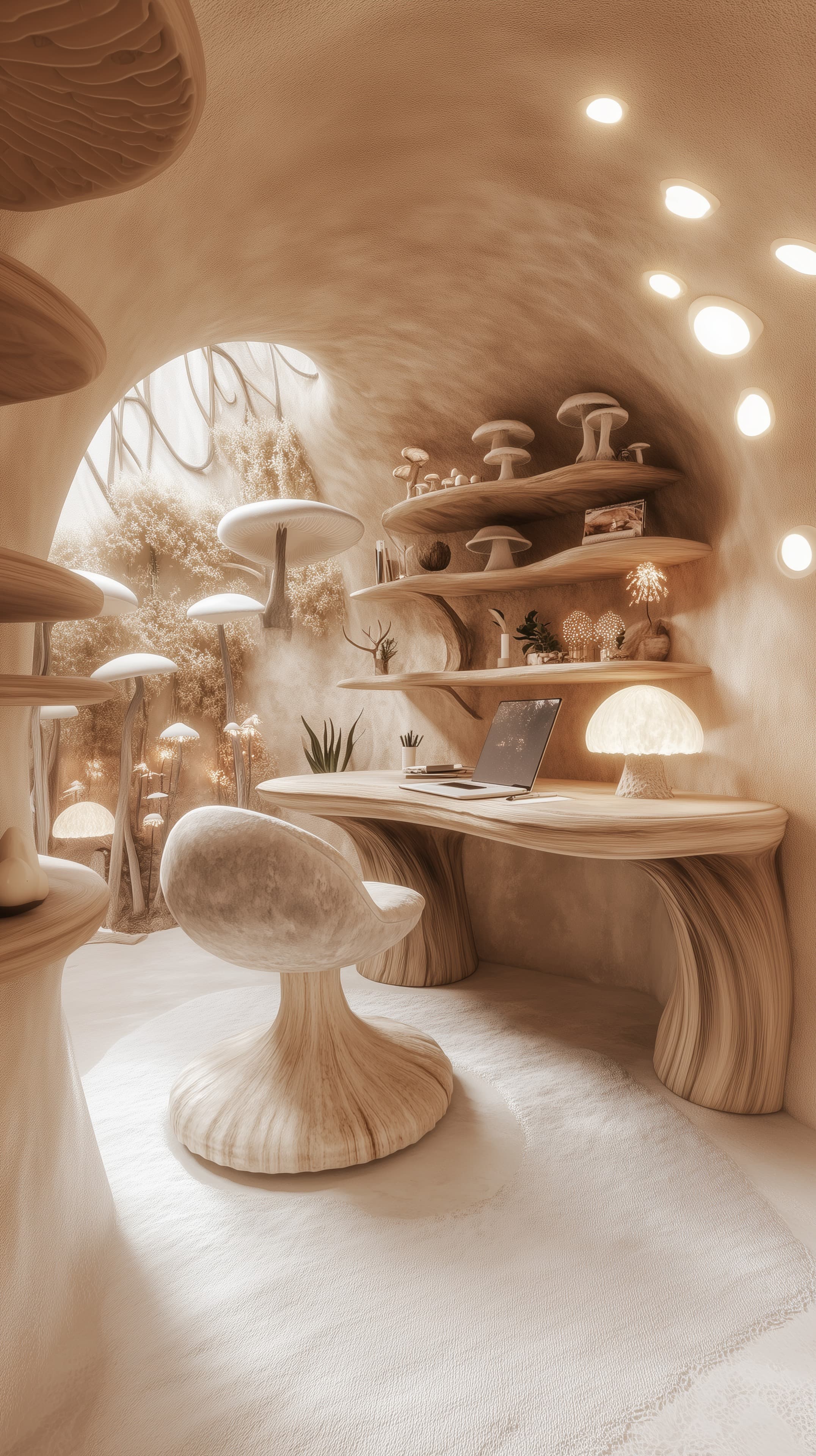 Mushroom-Inspired Cozy Study Room with Organic Furniture - High Resolution ambient-lighting Wallpaper for Mobile and Desktop