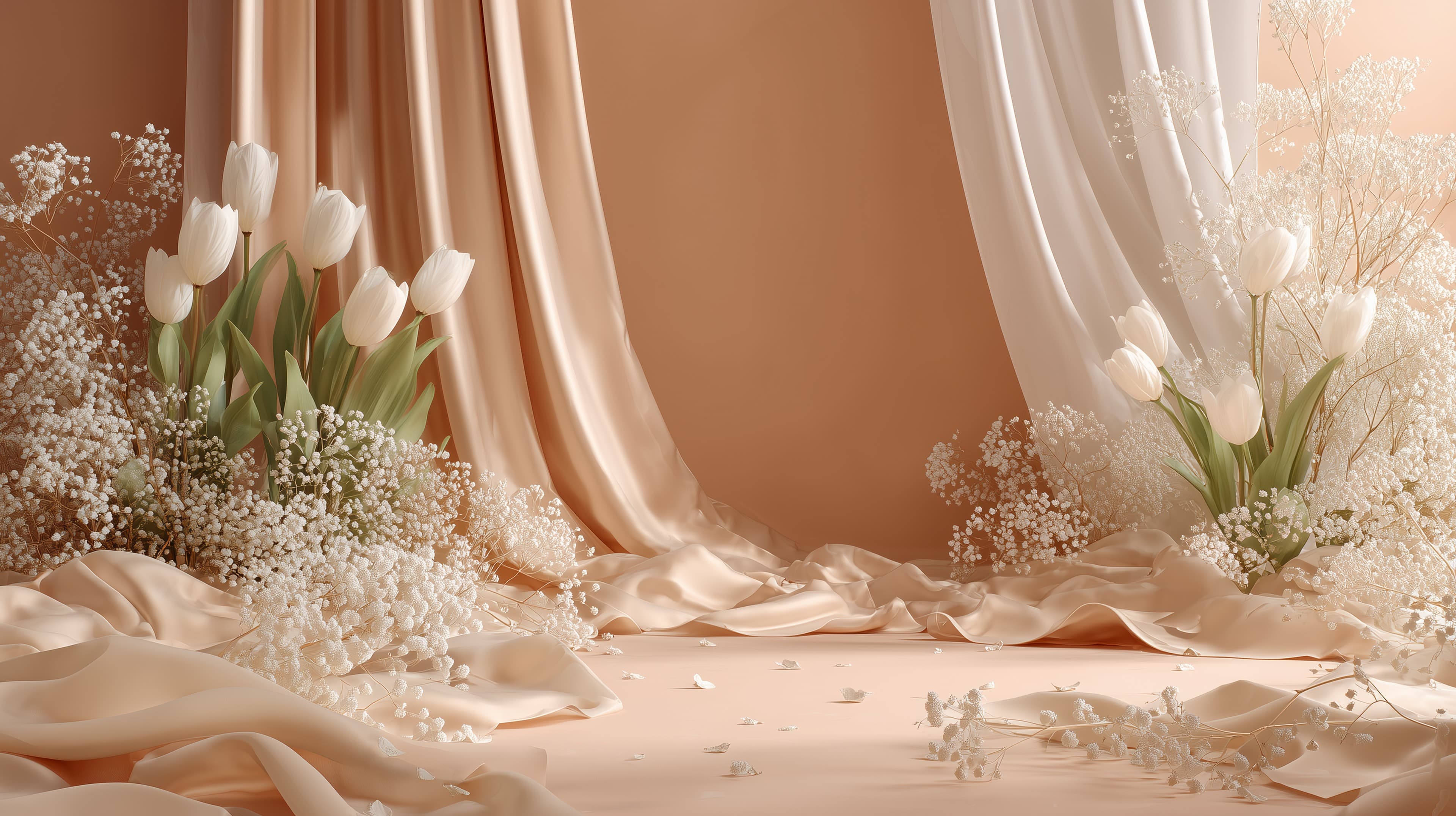 Soft Peach Satin Floral Still Life Wallpaper with Tulips - High Resolution peach-toned Wallpaper for Mobile and Desktop