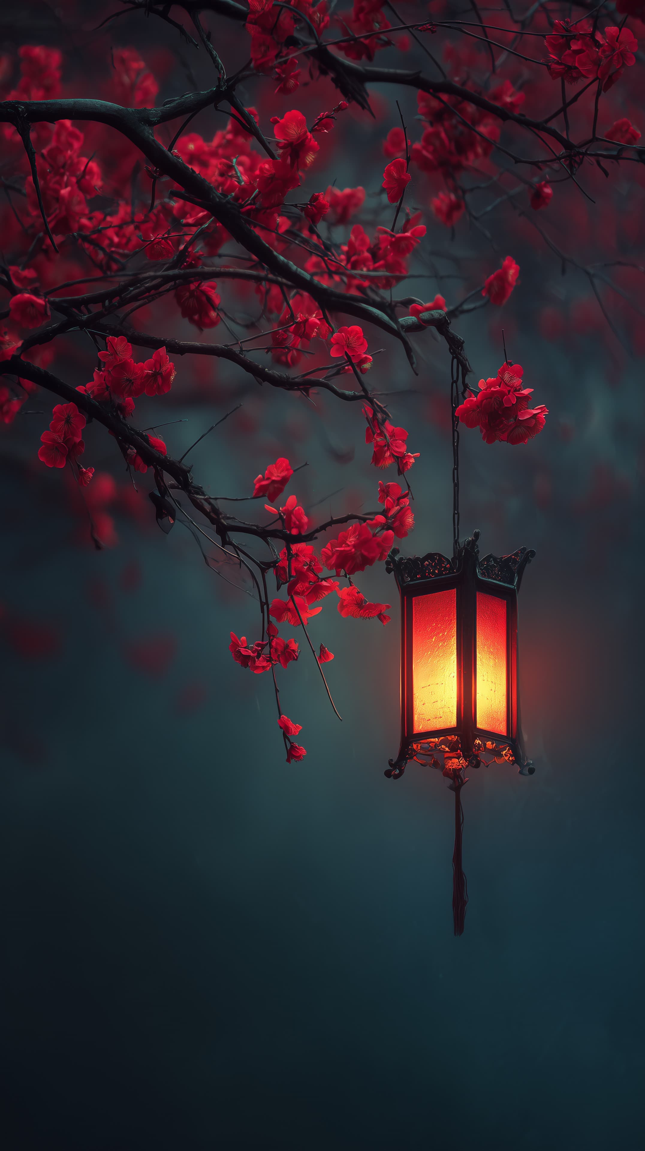 Moonlit Lantern Among Crimson Blossoms - Nighttime Wallpaper - High Resolution ambient-glow Wallpaper for Mobile and Desktop