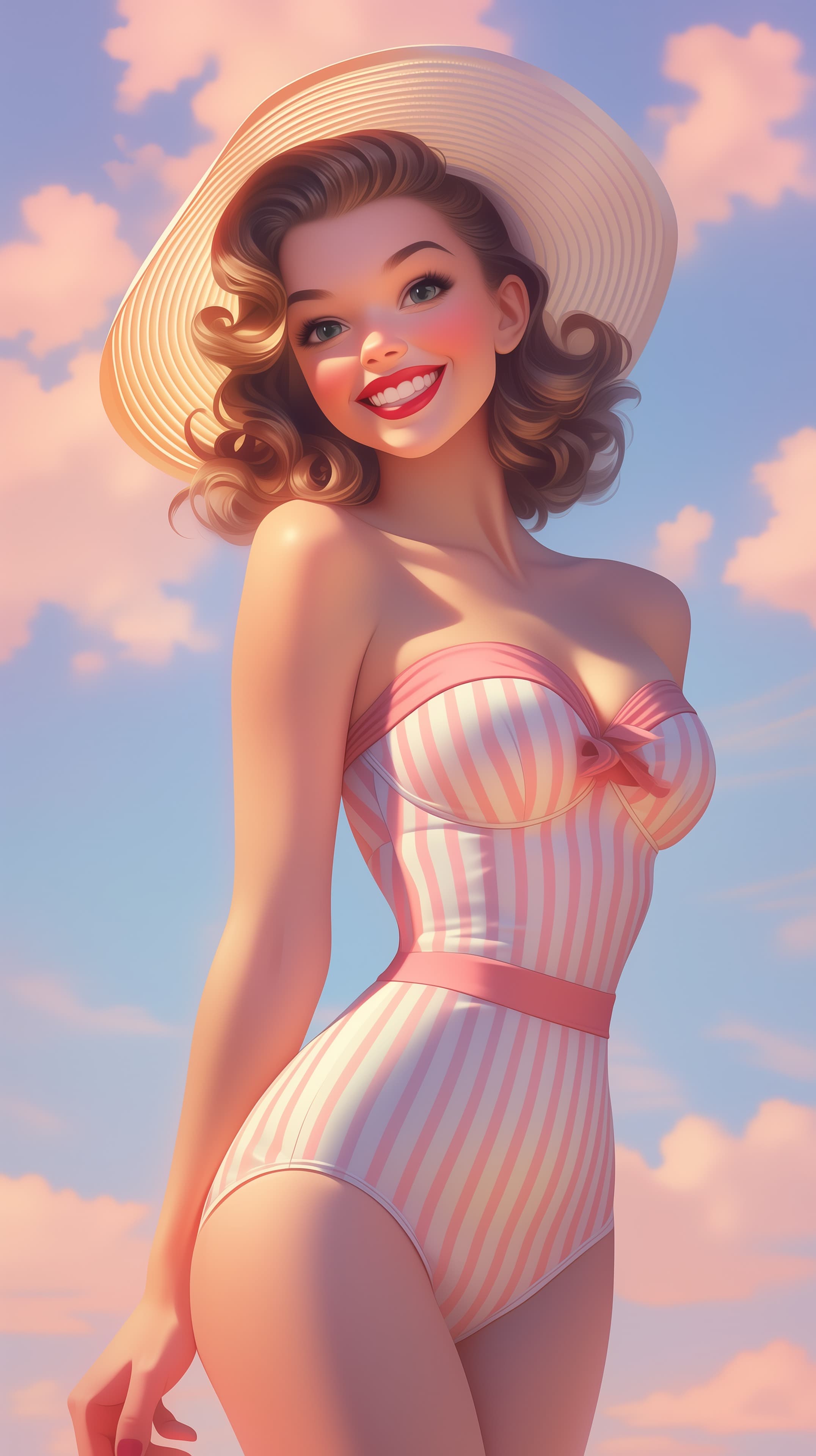 Pastel Pin-Up Beach Portrait in Striped Swimsuit Under Sunny Skies - High Resolution beach Wallpaper for Mobile and Desktop