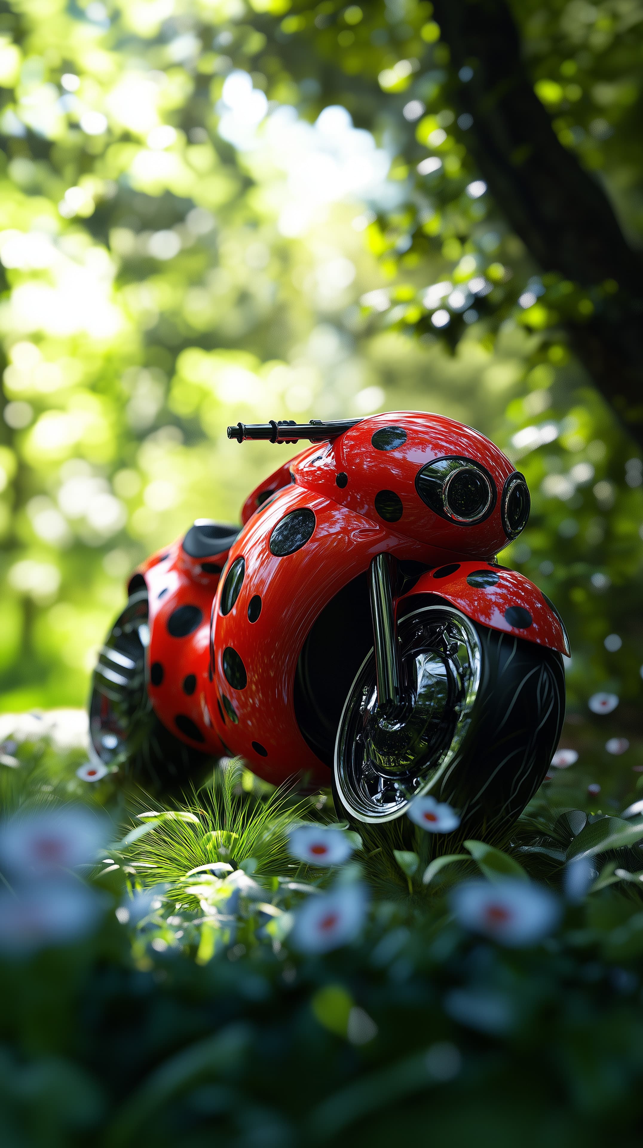Red Polka-Dot Motorcycle in a Sunlit Forest Meadow - High Resolution red-motorcycle Wallpaper for Mobile and Desktop
