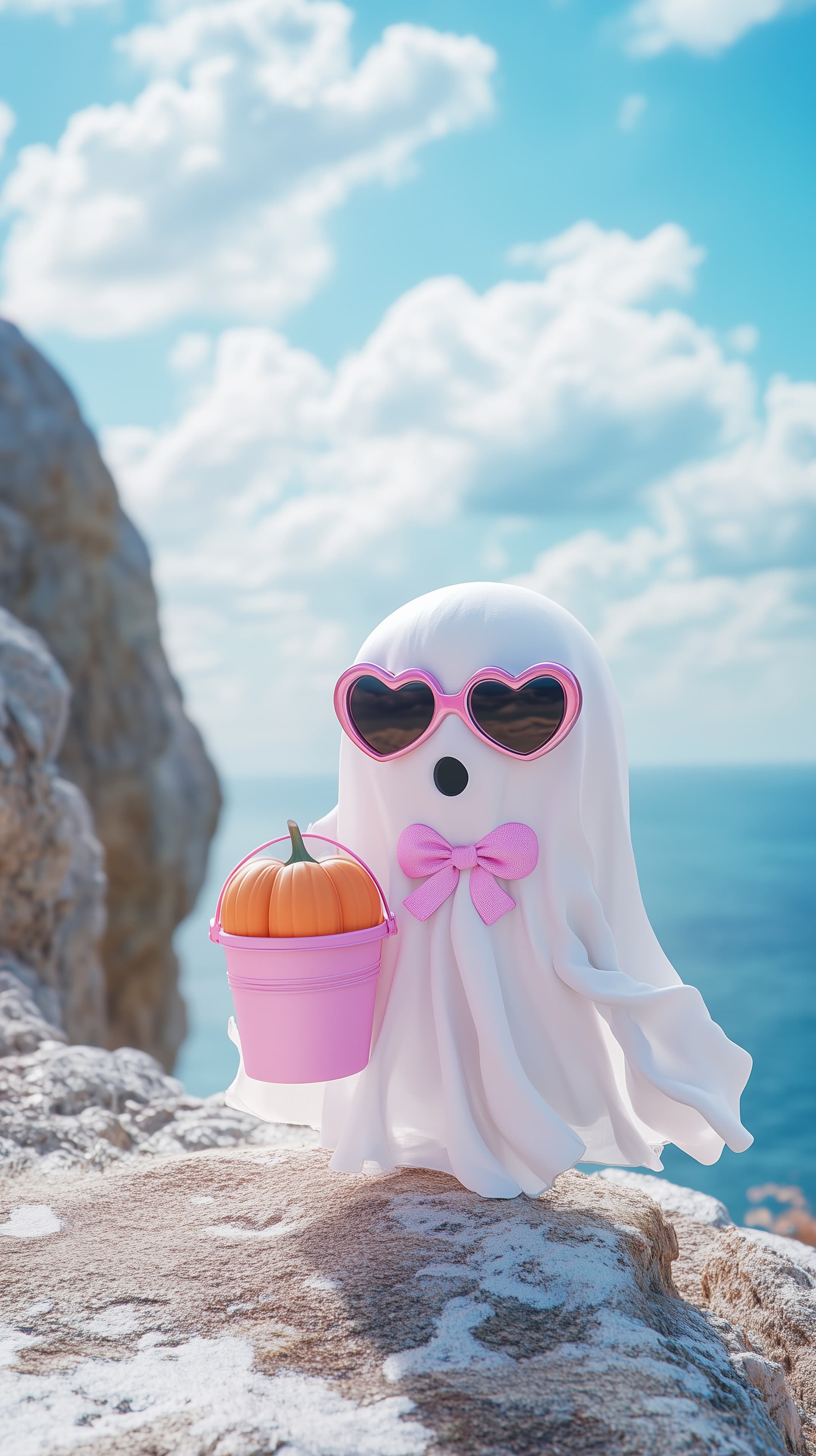 Whimsical Ghost by the Sea with Pink Sunglasses and Bow - High Resolution cartoon Wallpaper for Mobile and Desktop