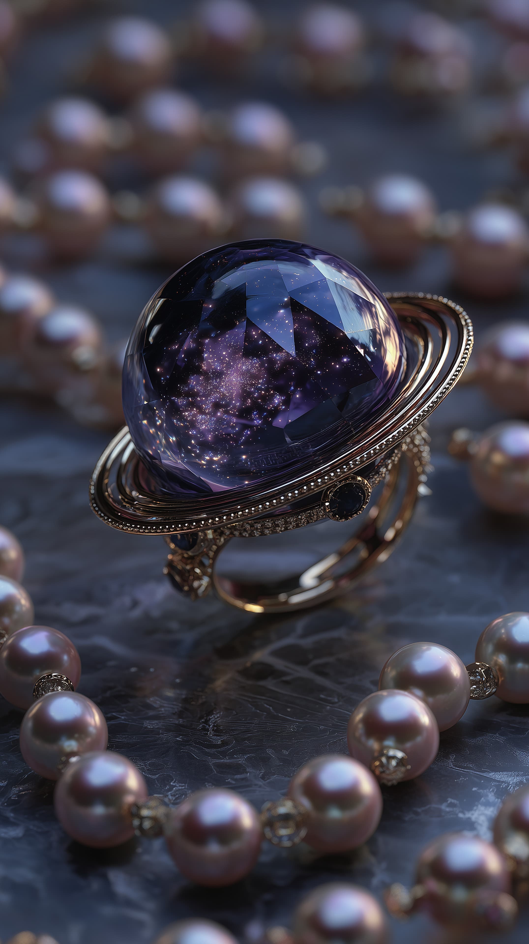 Cosmic Crystal Orb on Ornate Ring in Pearl Garden Scene - High Resolution cosmic-crystal Wallpaper for Mobile and Desktop