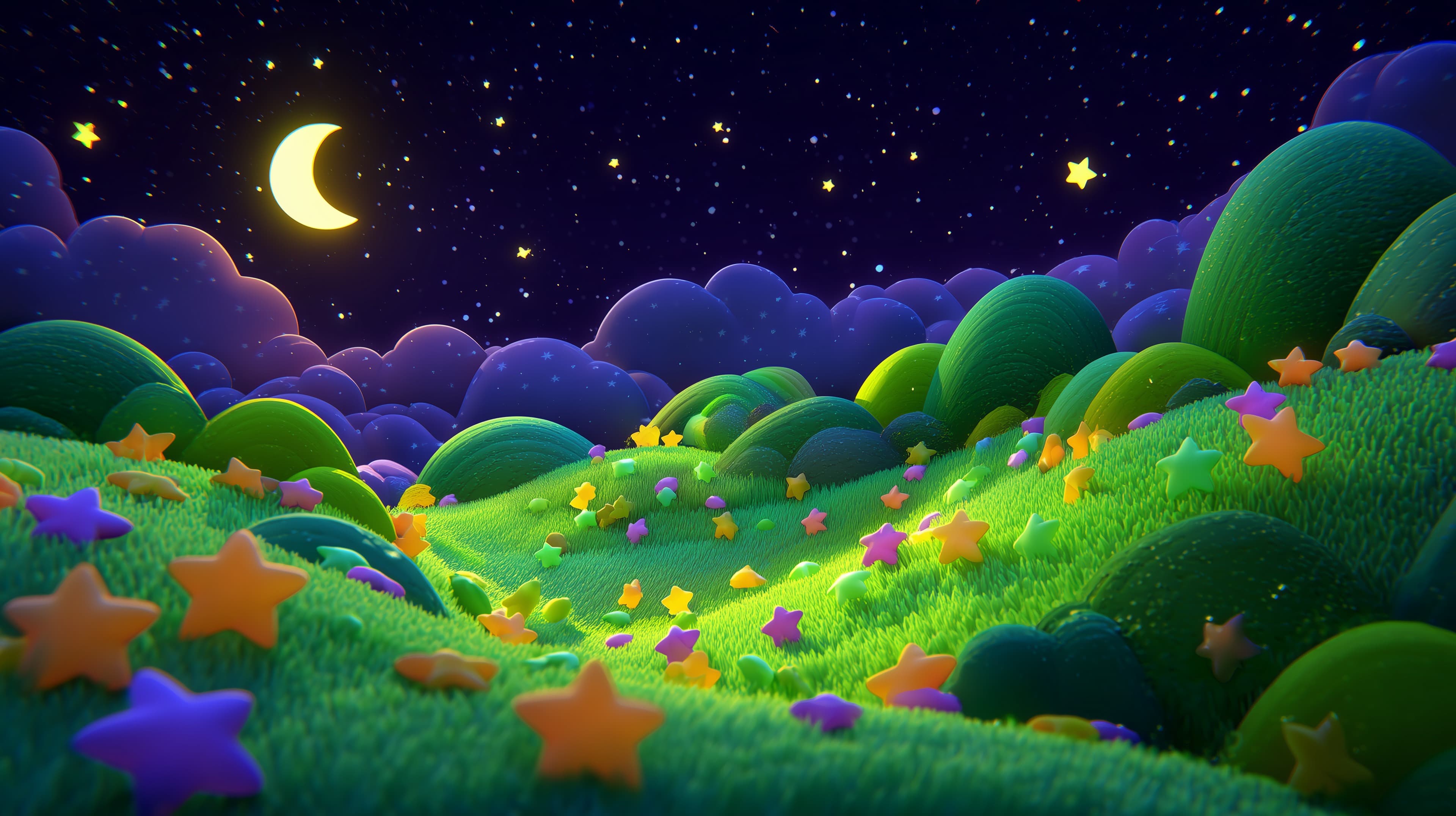 Dreamy Night Sky Hillside with Colorful Star Shapes - High Resolution 3d-art Wallpaper for Mobile and Desktop