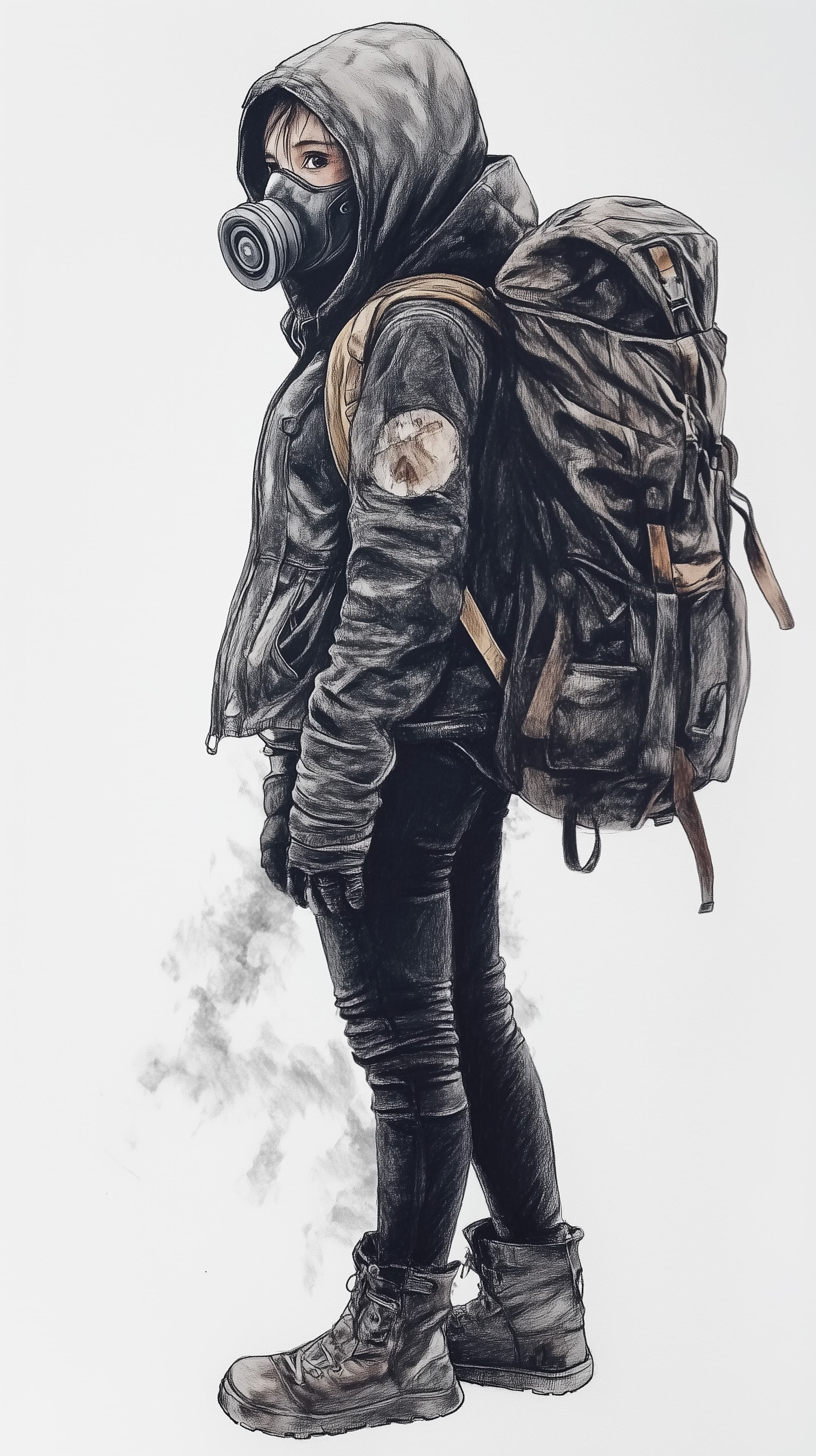 Mysterious Gas Mask Survivor with Hoodie and Backpack - High Resolution apocalyptic Wallpaper for Mobile and Desktop