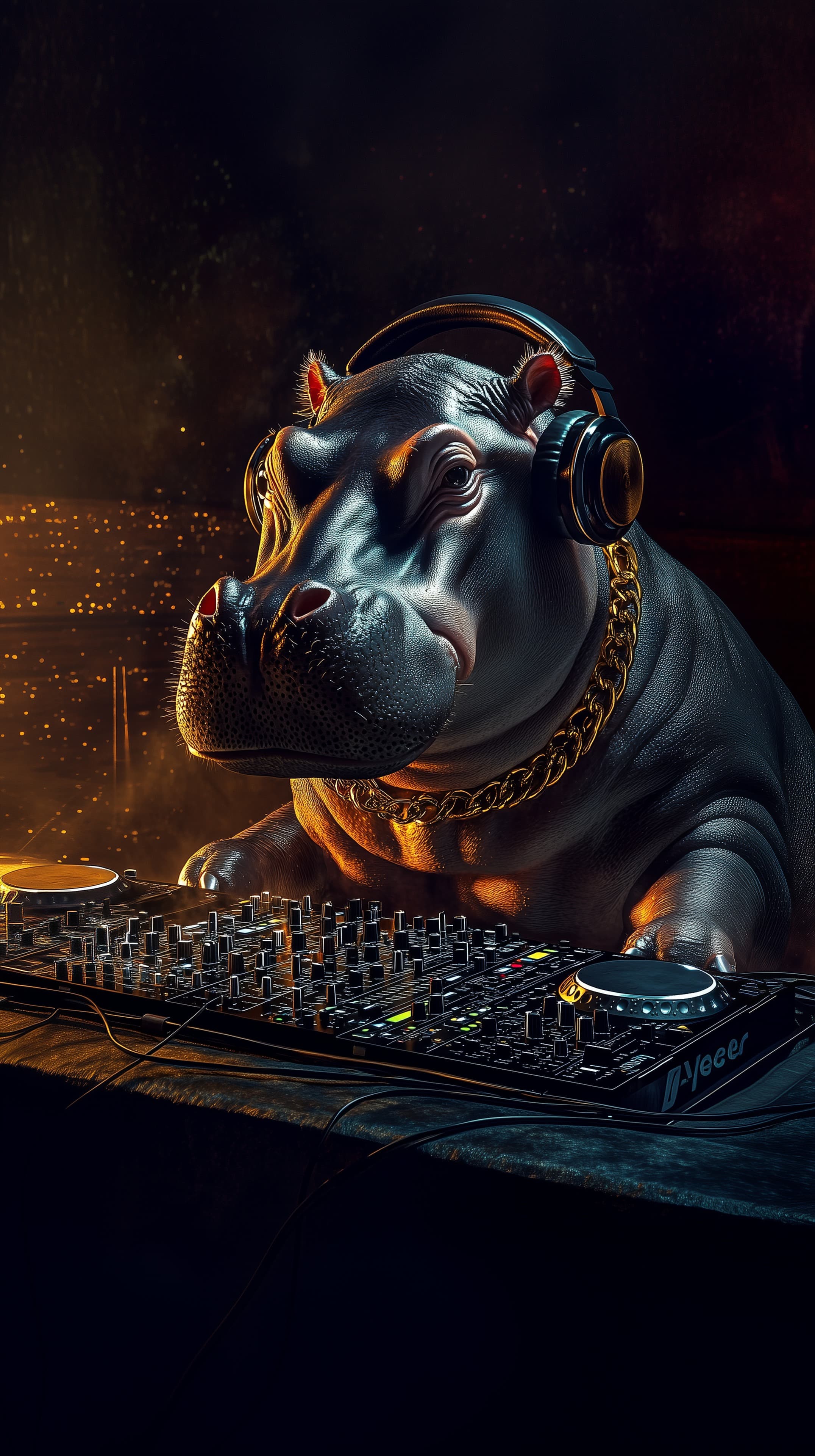 Hippo DJ with Golden Chain Beats in Neon Nightclub - High Resolution digital-art Wallpaper for Mobile and Desktop