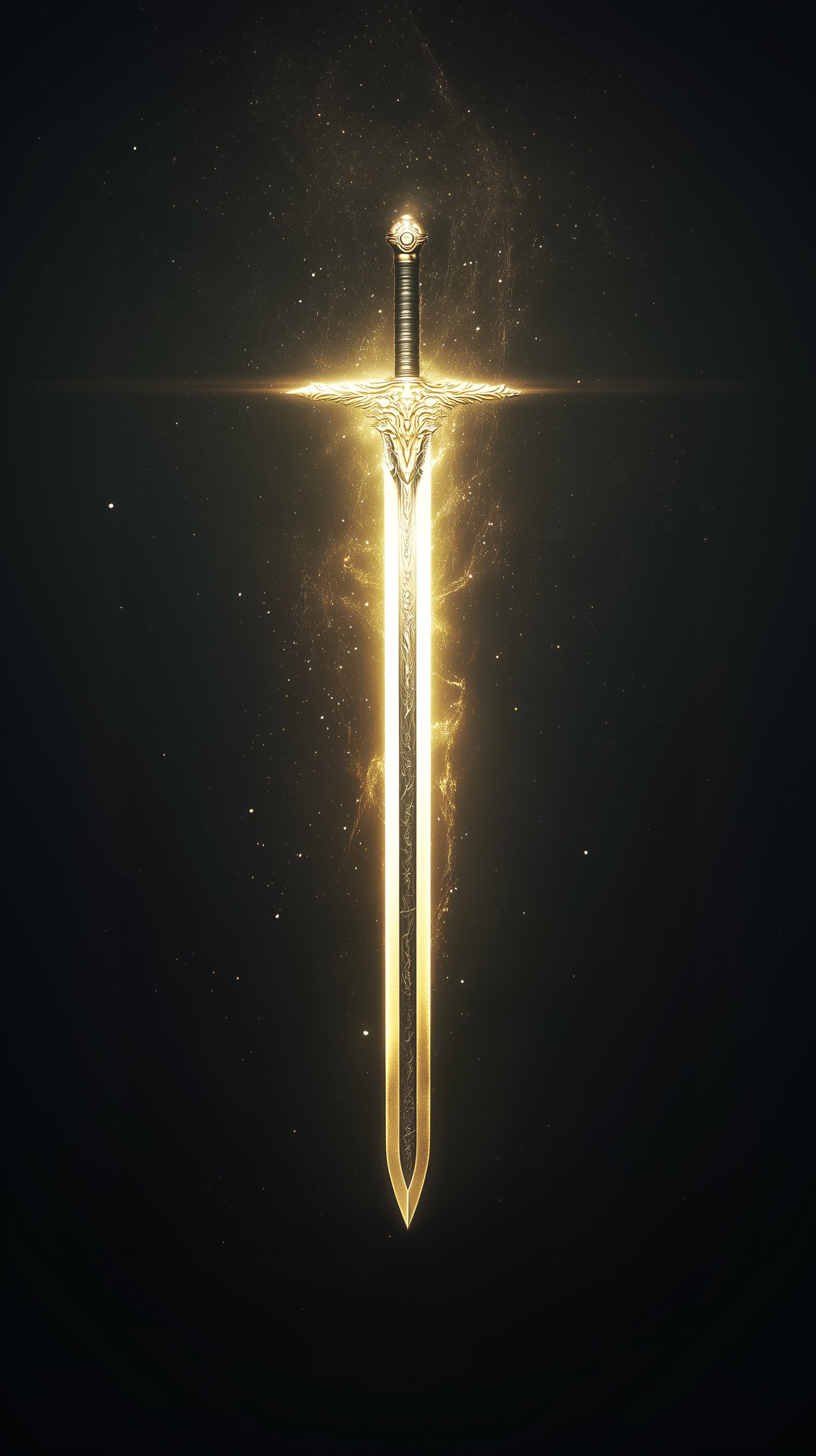 Golden Glowing Sword: Epic Fantasy Blade in Darkness - High Resolution dark-background Wallpaper for Mobile and Desktop