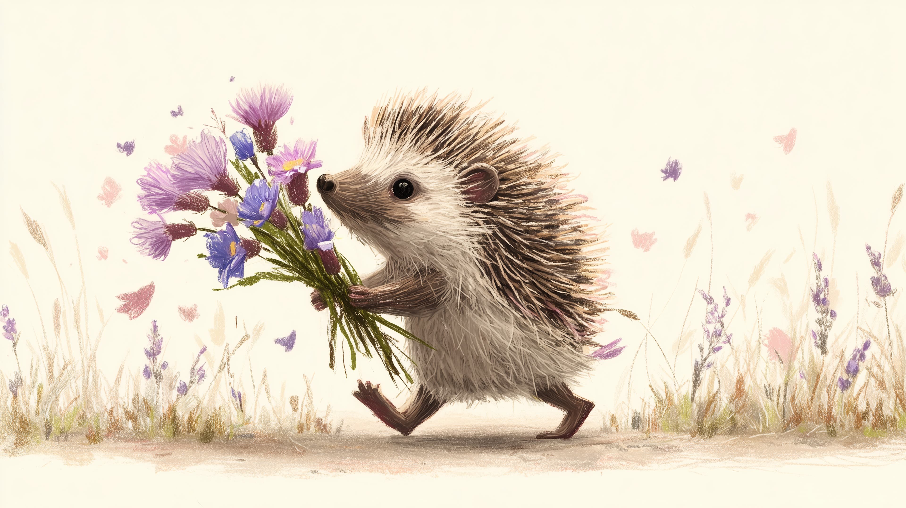 Adorable Hedgehog Carrying Flowers in a Soft Meadow Wallpaper - High Resolution cute-animal Wallpaper for Mobile and Desktop
