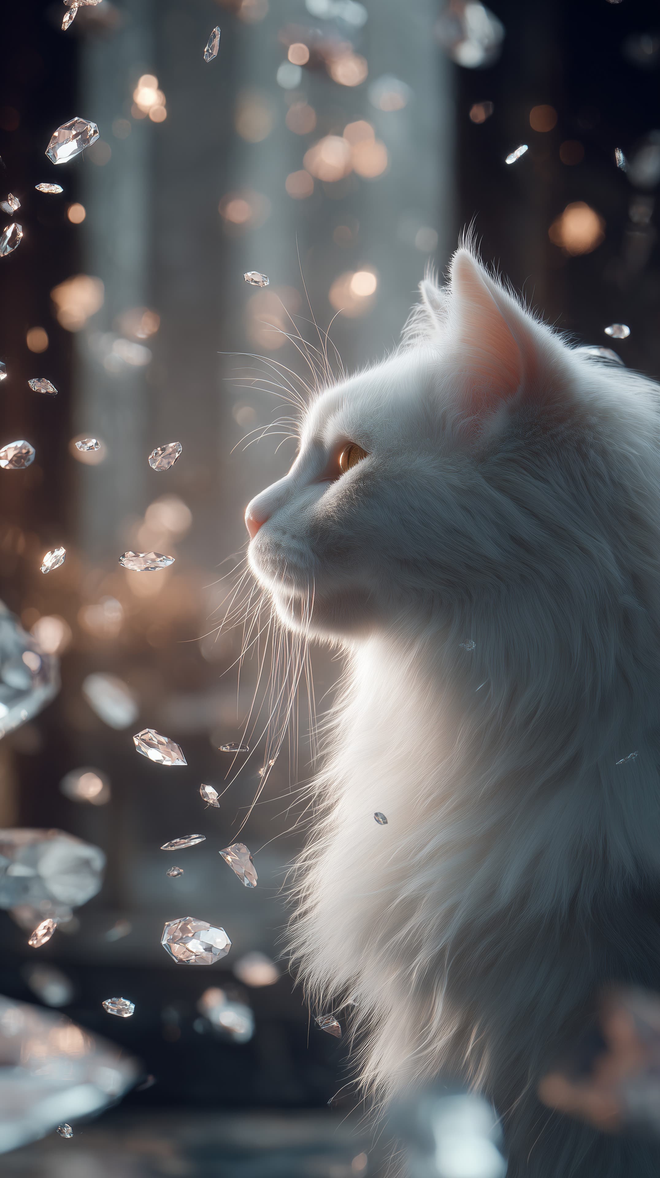 Elegant White Cat and Floating Crystals – Dreamy Wallpaper - High Resolution bokeh Wallpaper for Mobile and Desktop