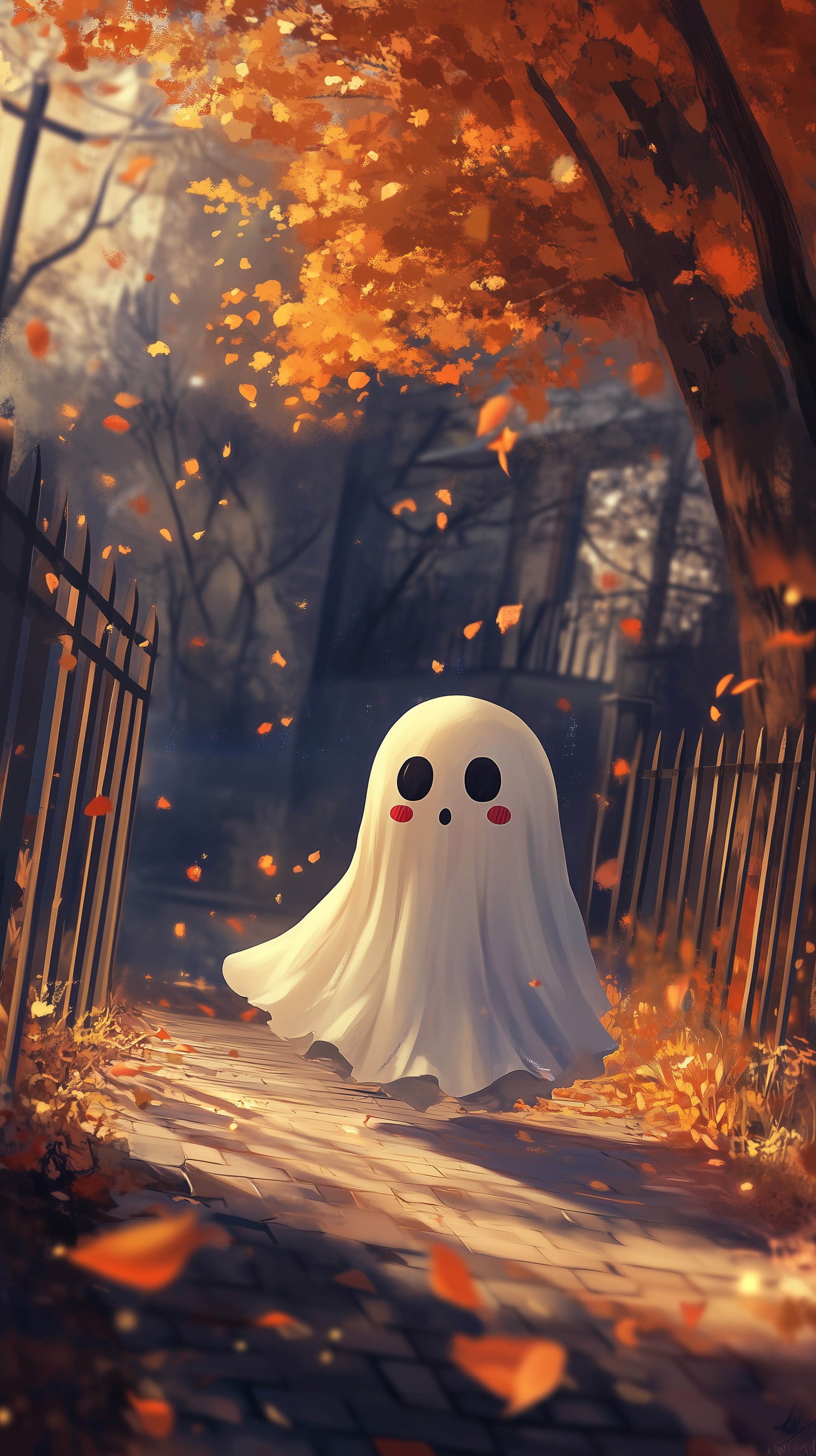 Whimsical Autumn Ghost on a Cozy Forest Path Wallpaper - High Resolution autumn Wallpaper for Mobile and Desktop