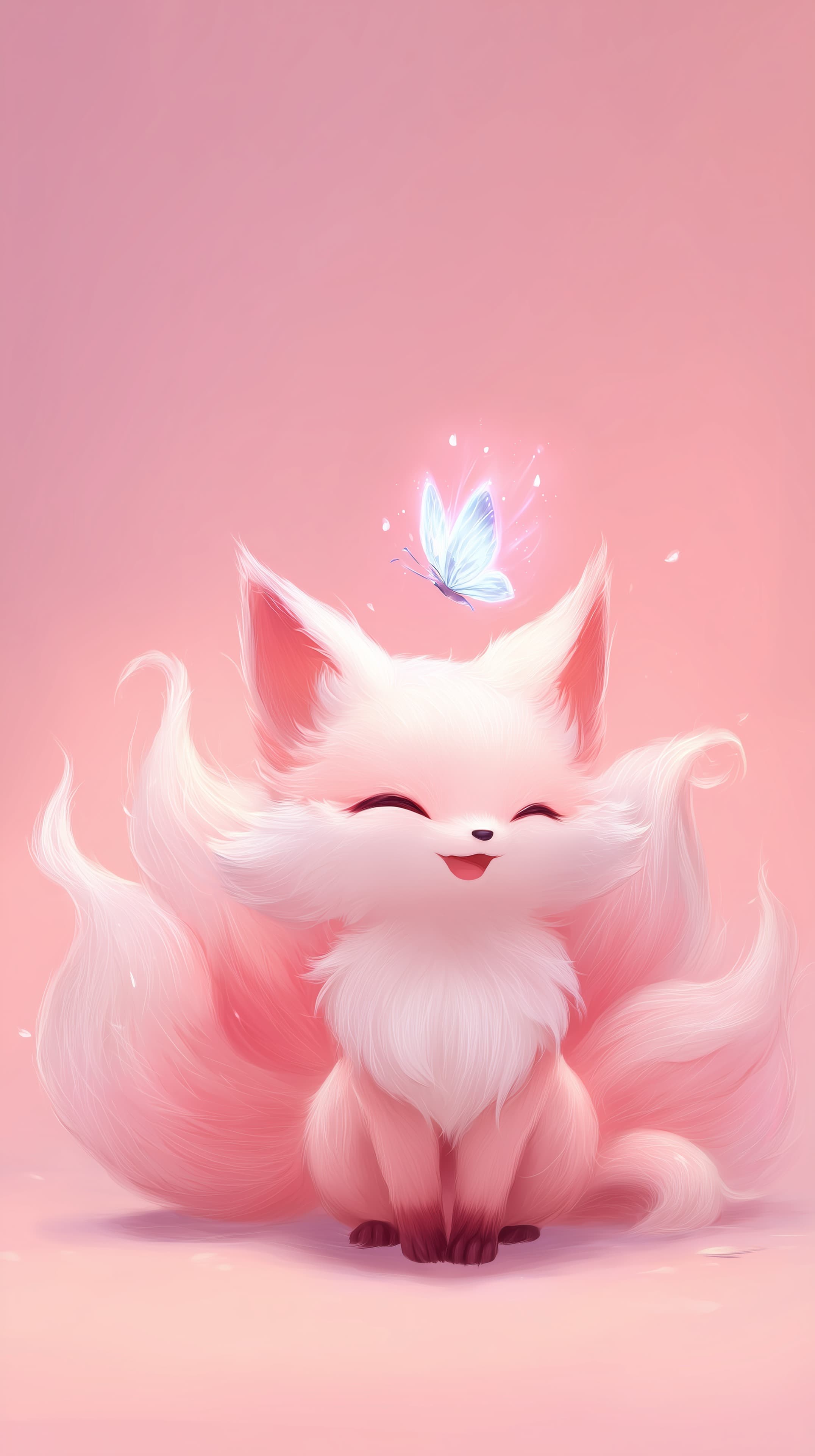 Pastel Pink Fox Cub with Butterfly — Dreamy Digital Wallpaper - High Resolution butterfly Wallpaper for Mobile and Desktop