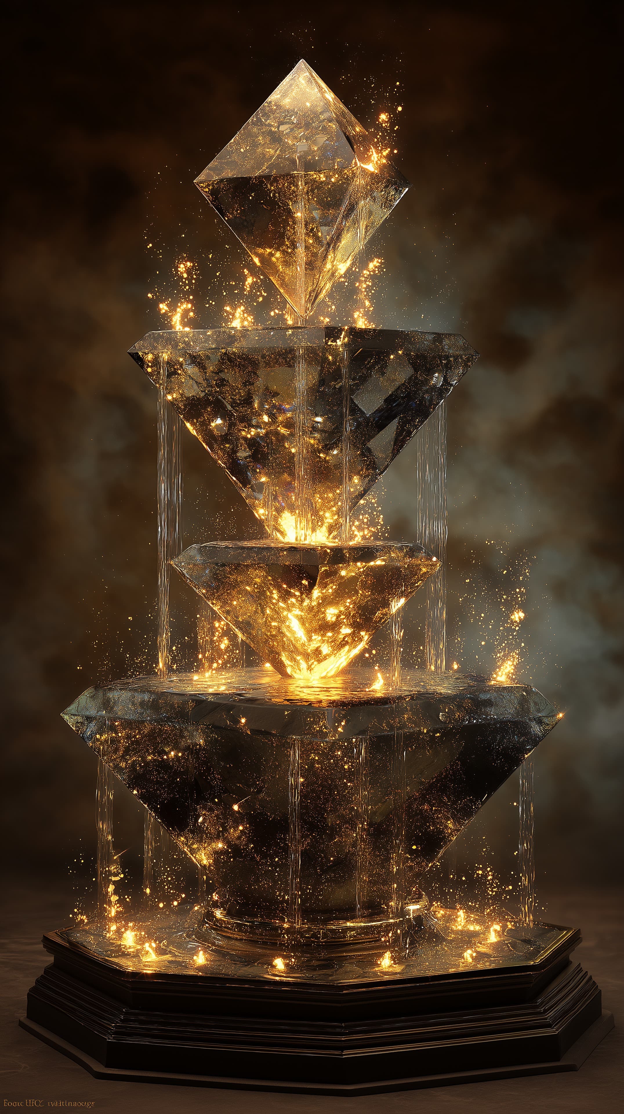 Glowing Crystal Pyramid Fountain with Golden Spark Effects - High Resolution amber-light Wallpaper for Mobile and Desktop