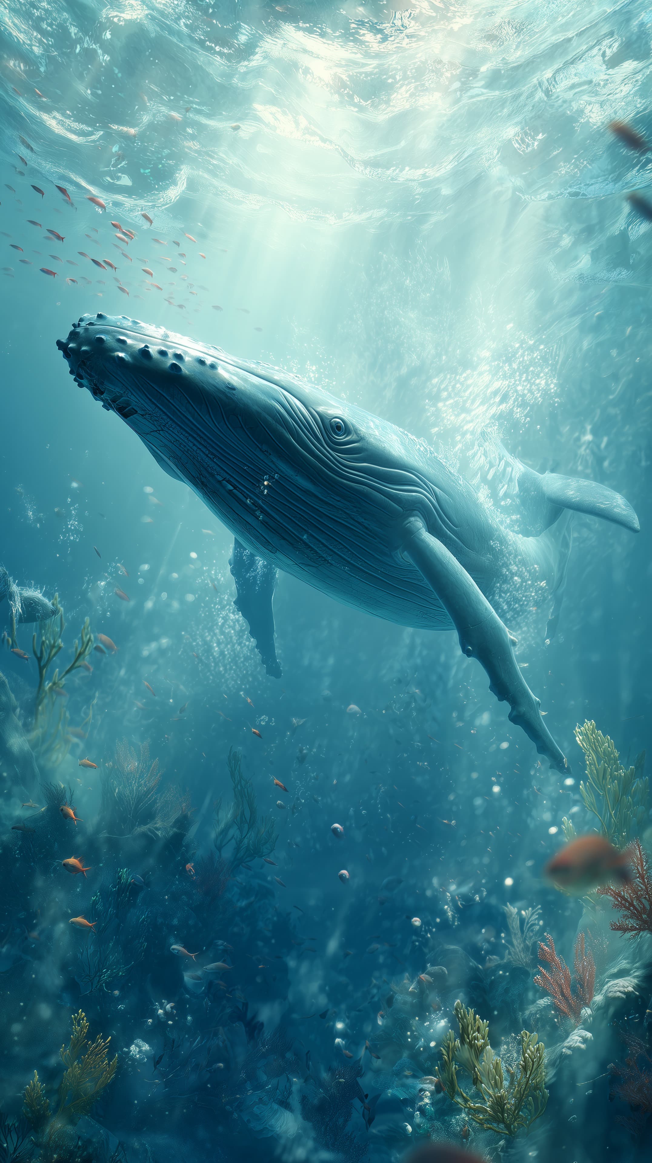 Majestic Whale Gliding Beneath Sunlit Ocean over Coral Reefs - High Resolution blue-sea Wallpaper for Mobile and Desktop