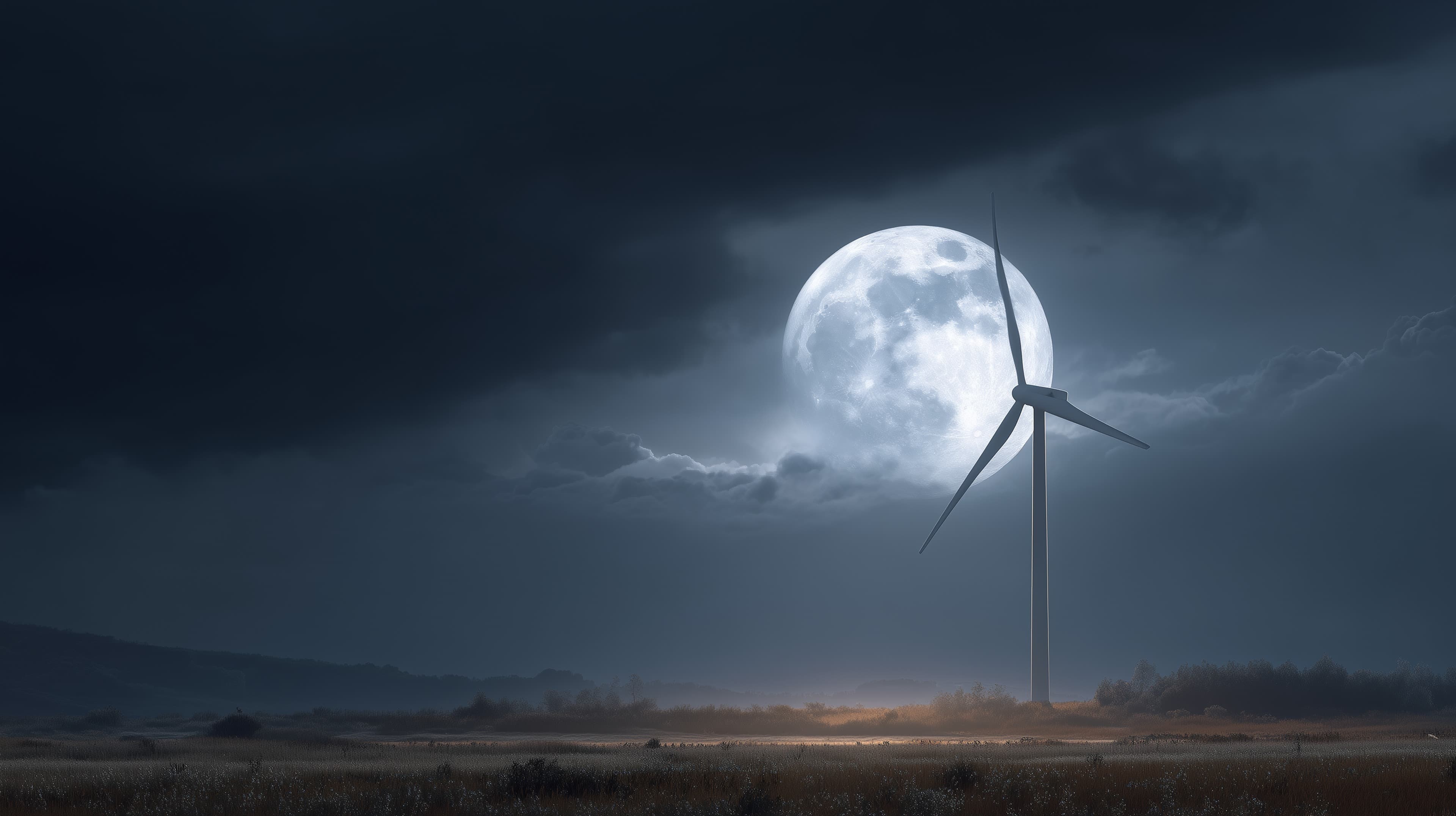 Moonlit Night Wind Turbine Landscape Wallpaper with Glowing Moon - High Resolution blue Wallpaper for Mobile and Desktop