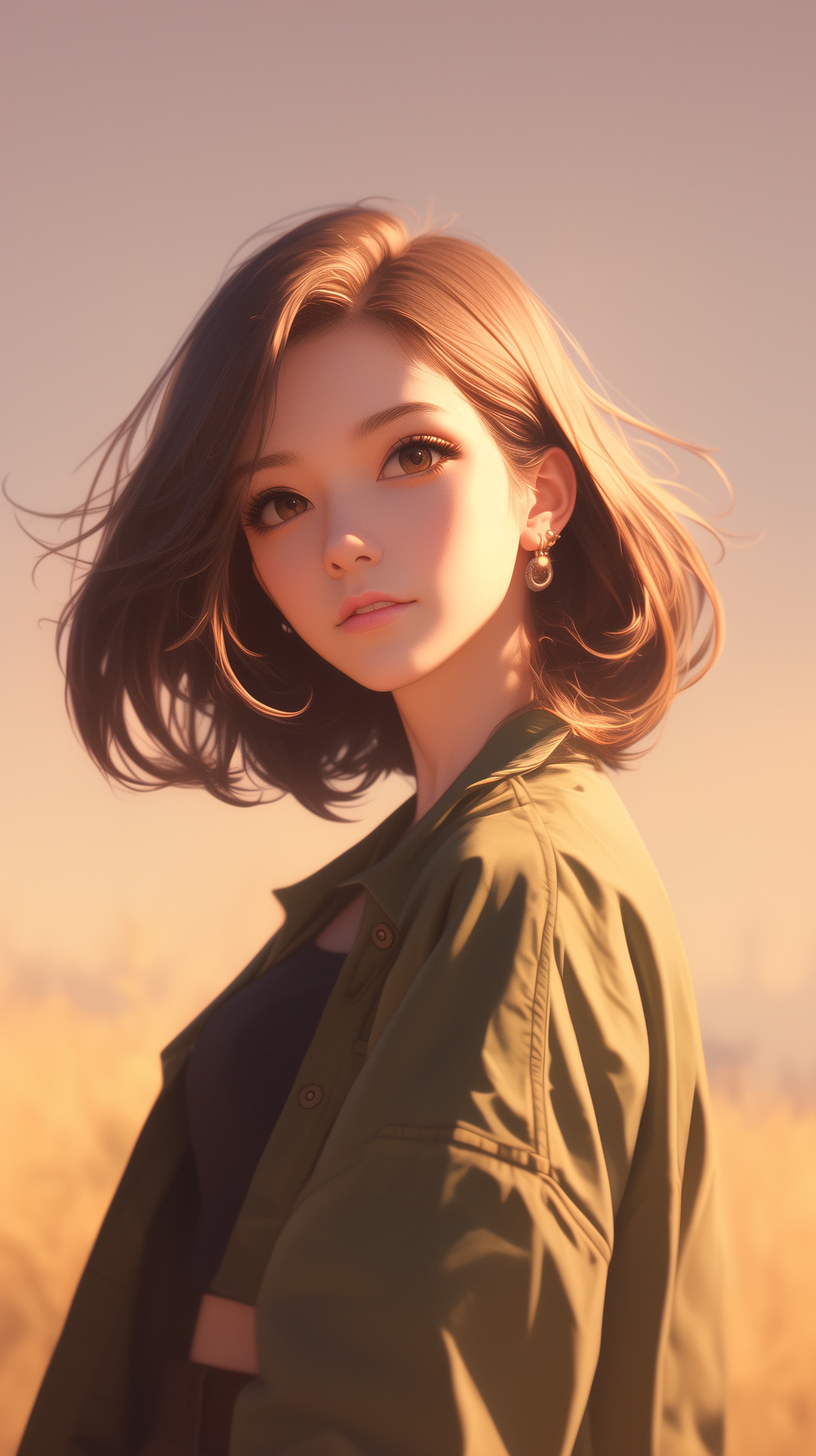 Golden Hour Portrait: Woman in Olive Jacket with Warm Sunset Glow - High Resolution bokeh Wallpaper for Mobile and Desktop