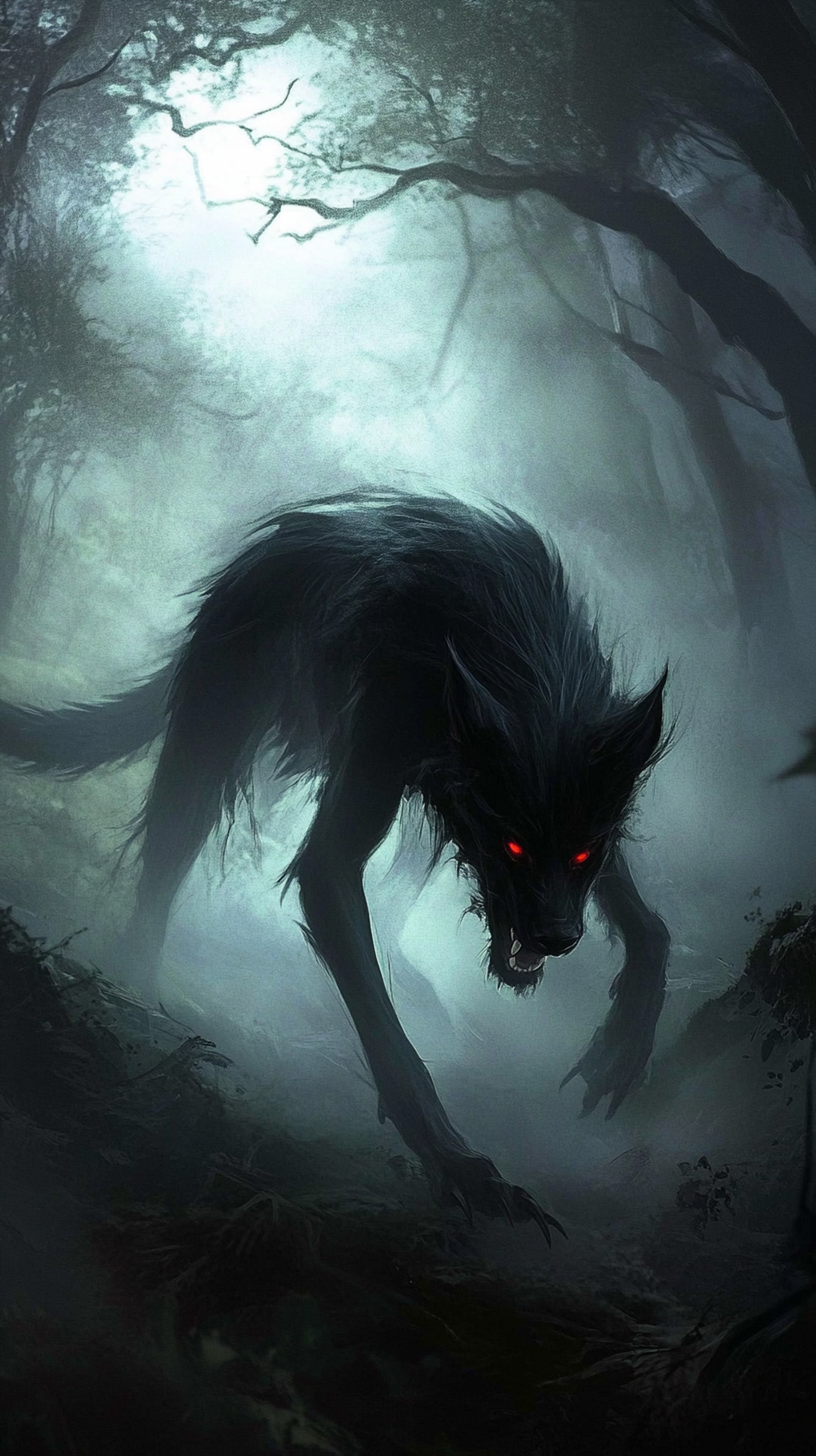 Misty Forest Wolf Wallpaper with Glowing Red Eyes - Eerie - High Resolution wolf Wallpaper for Mobile and Desktop