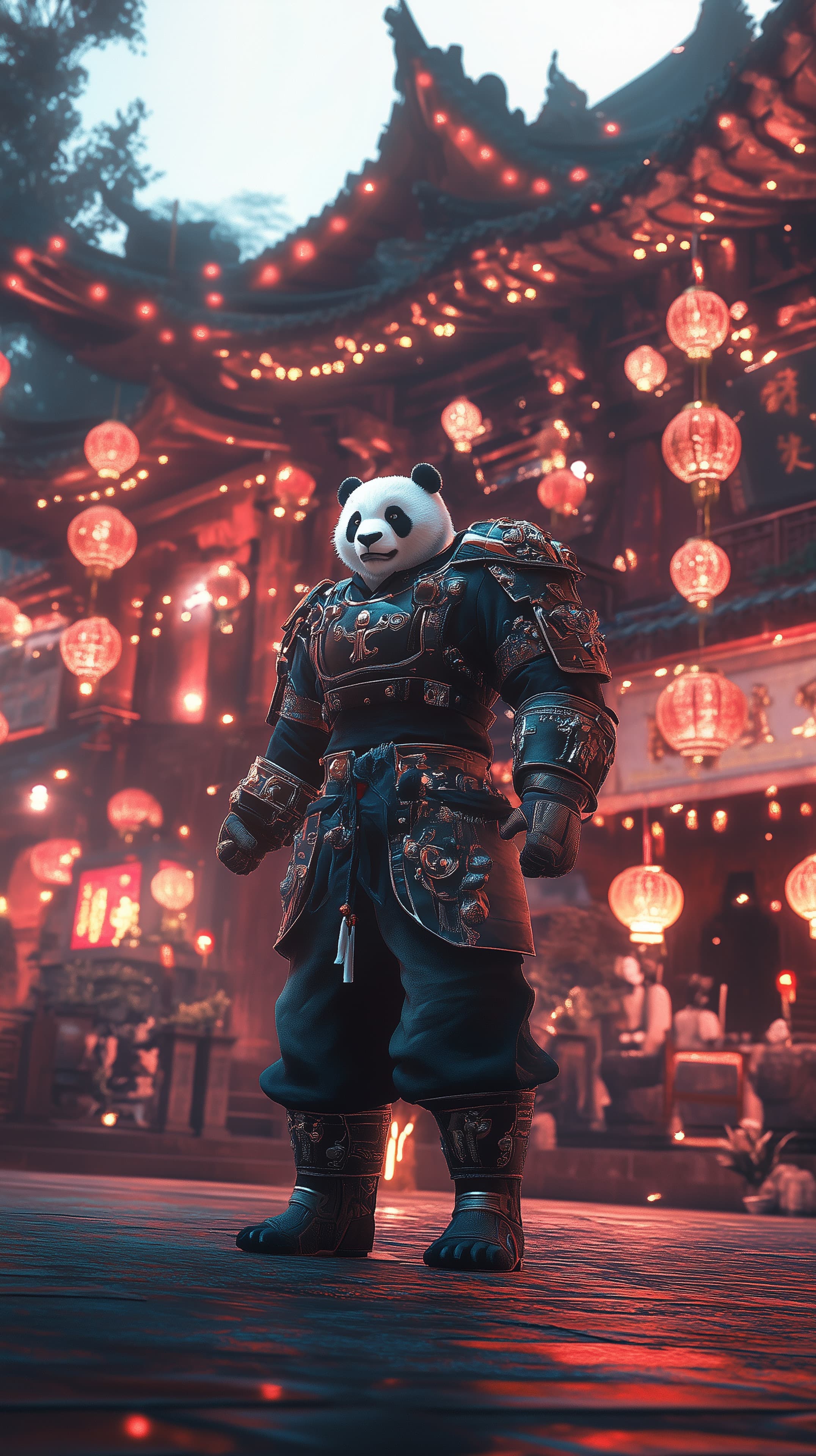 Panda Warrior in Ornate Armor at Lantern-Lit Market Scene - High Resolution armor Wallpaper for Mobile and Desktop