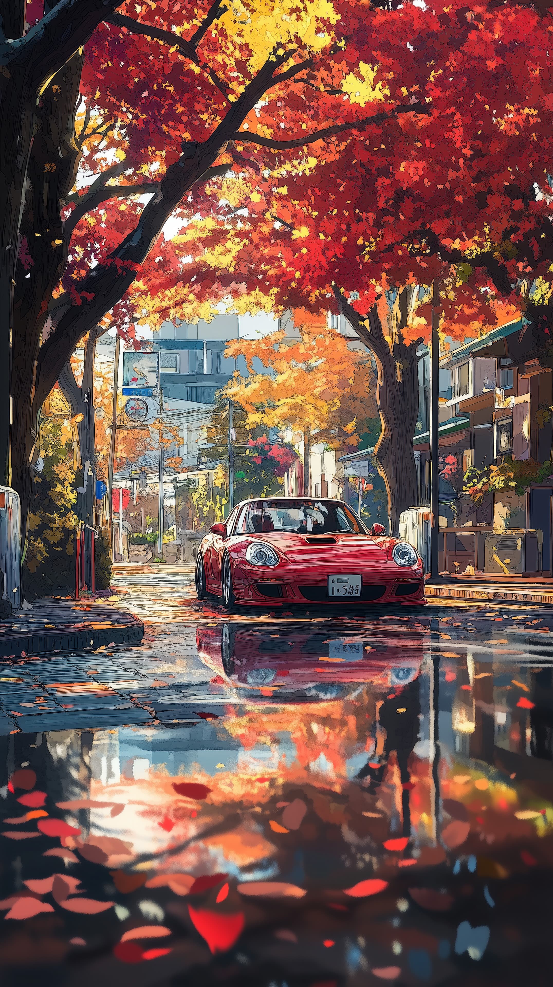 Autumn Street Scene with Red Sports Car in Rainy Reflections - High Resolution autumn Wallpaper for Mobile and Desktop