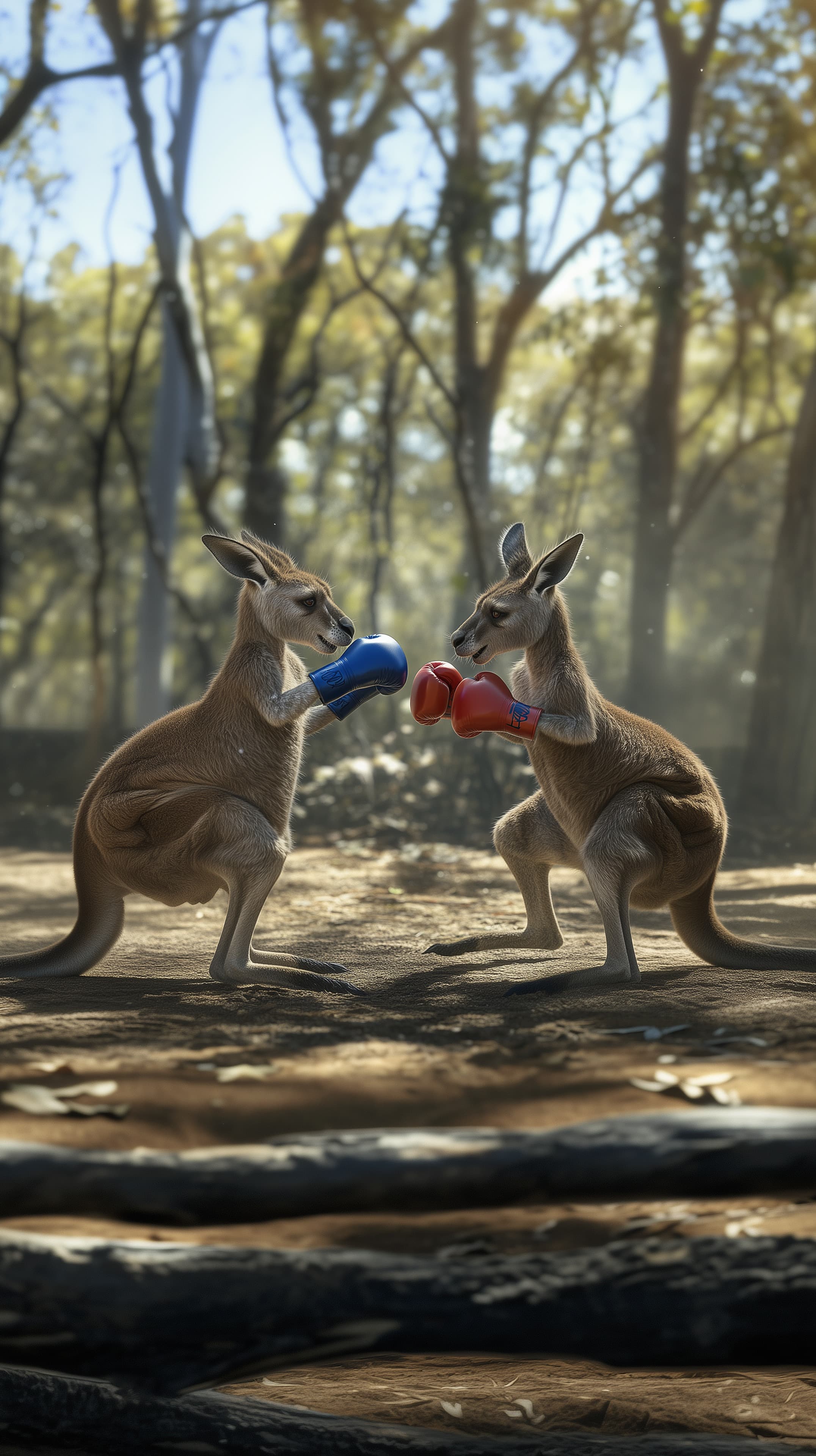 Playful Forest Kangaroos Boxing Wallpaper in Sunlit Woods - High Resolution animals Wallpaper for Mobile and Desktop