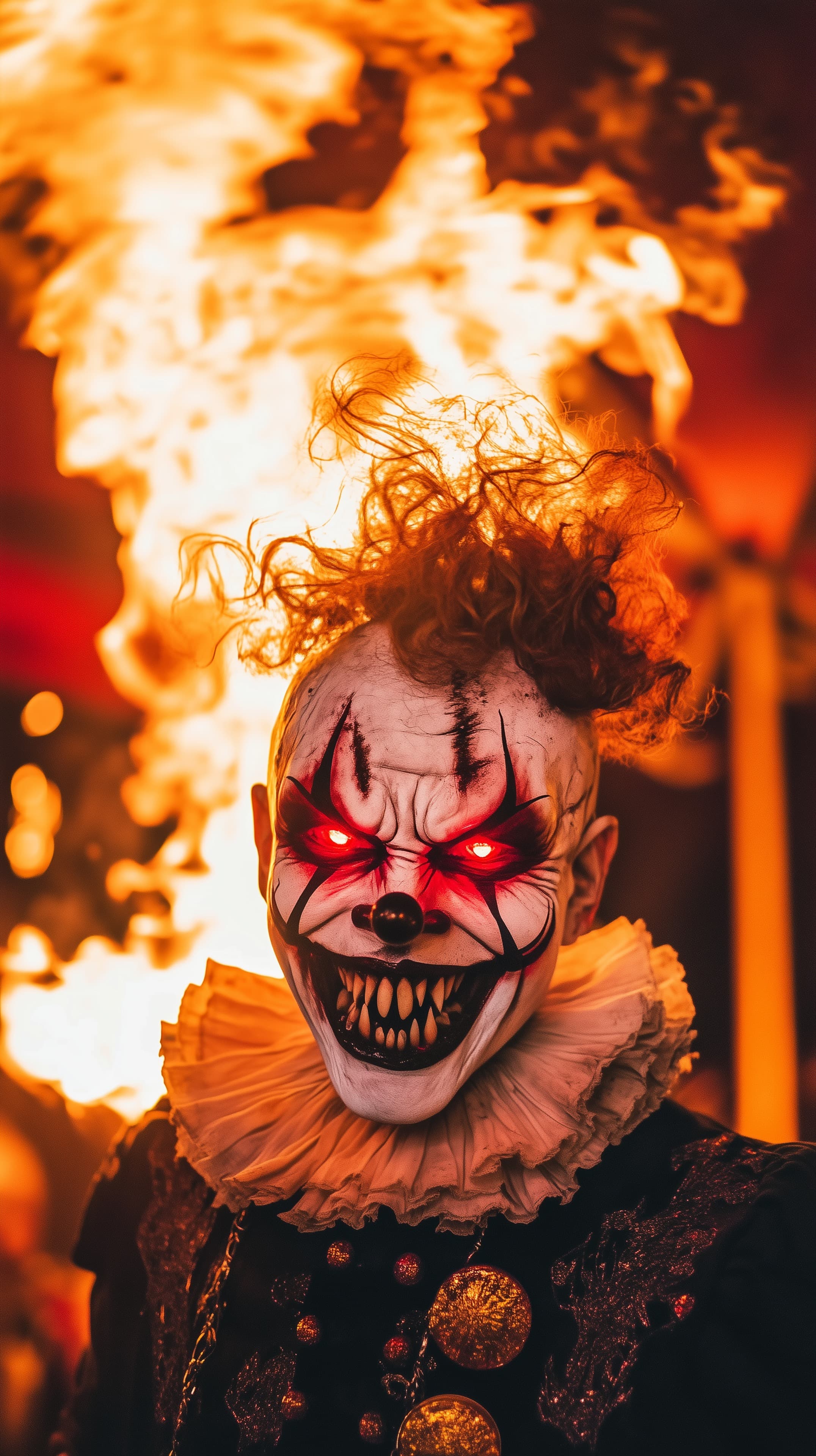 Fiery Inferno Clown Wallpaper with Glowing Red Eyes - High Resolution clown-wallpaper Wallpaper for Mobile and Desktop