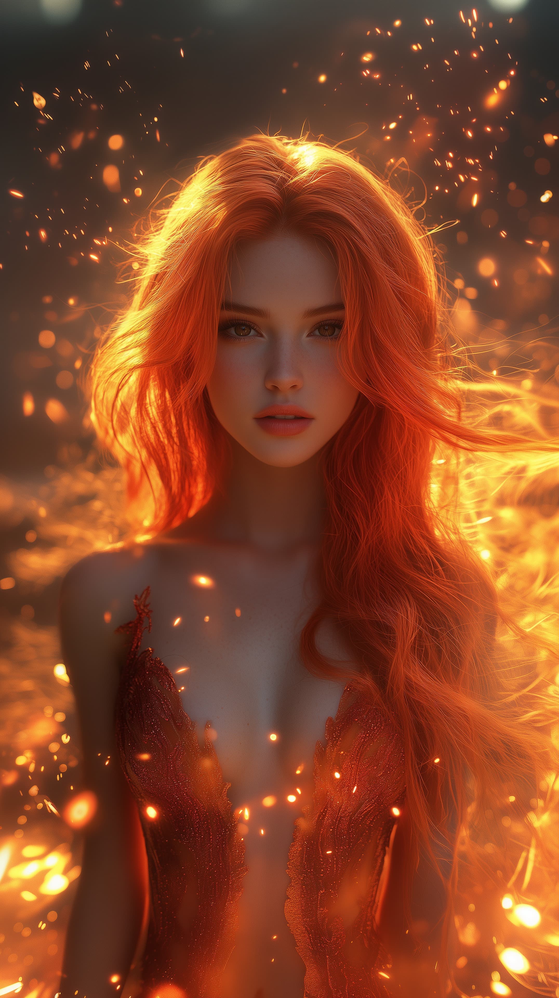 Fiery Red-Haired Fantasy Portrait with Ember Sparks - High Resolution digital-painting Wallpaper for Mobile and Desktop
