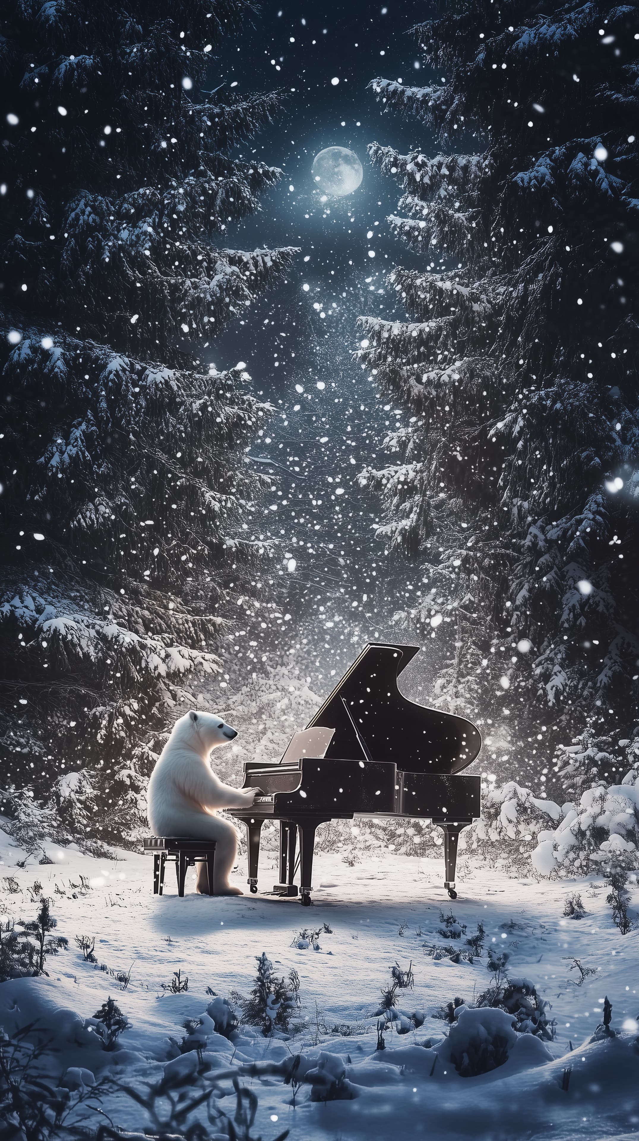 Moonlit Winter Piano Solo: Polar Bear Plays in Snowy Forest - High Resolution animal Wallpaper for Mobile and Desktop