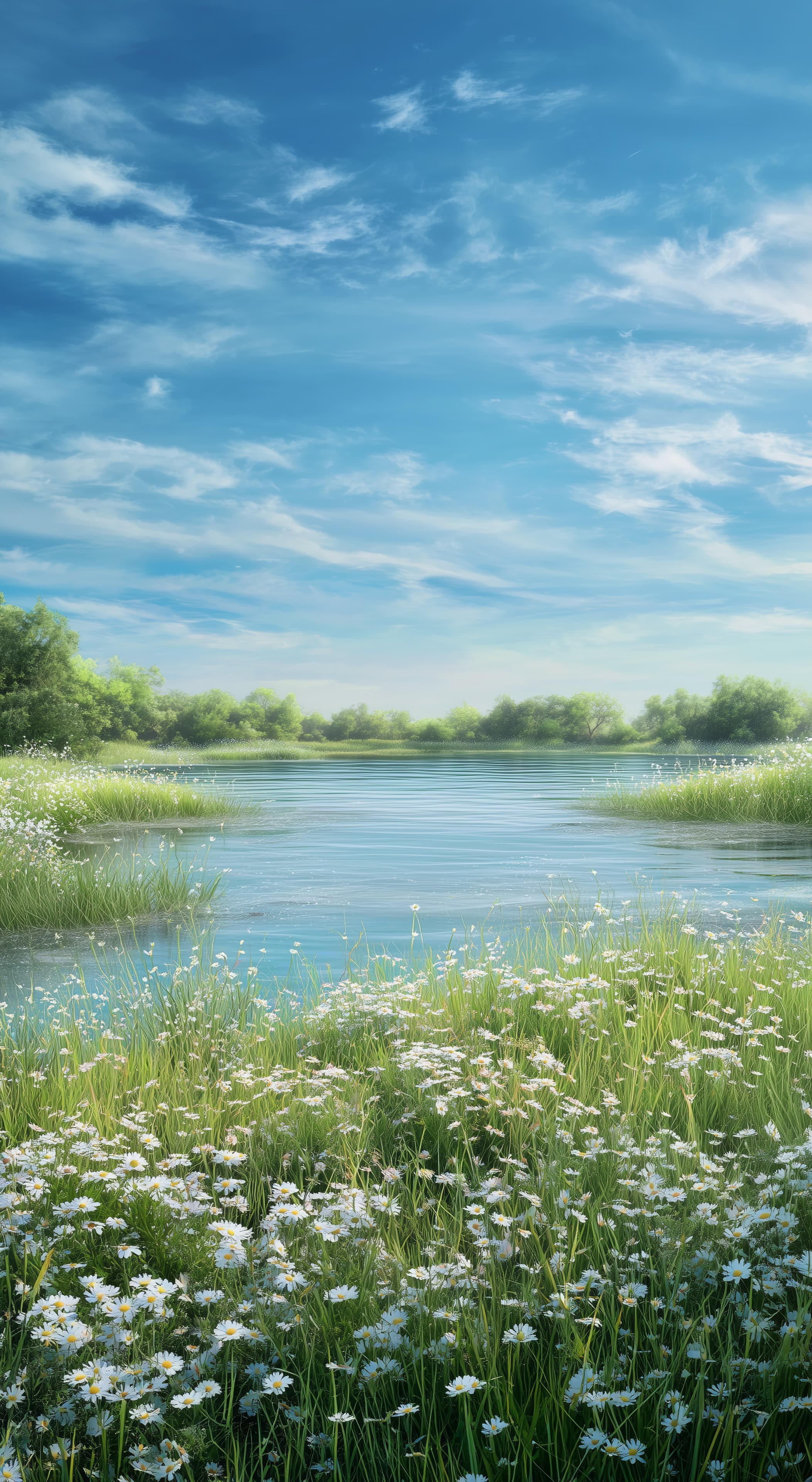 Serene River Meadow with Daisies and Bright Blue Sky - High Resolution blue-sky Wallpaper for Mobile and Desktop