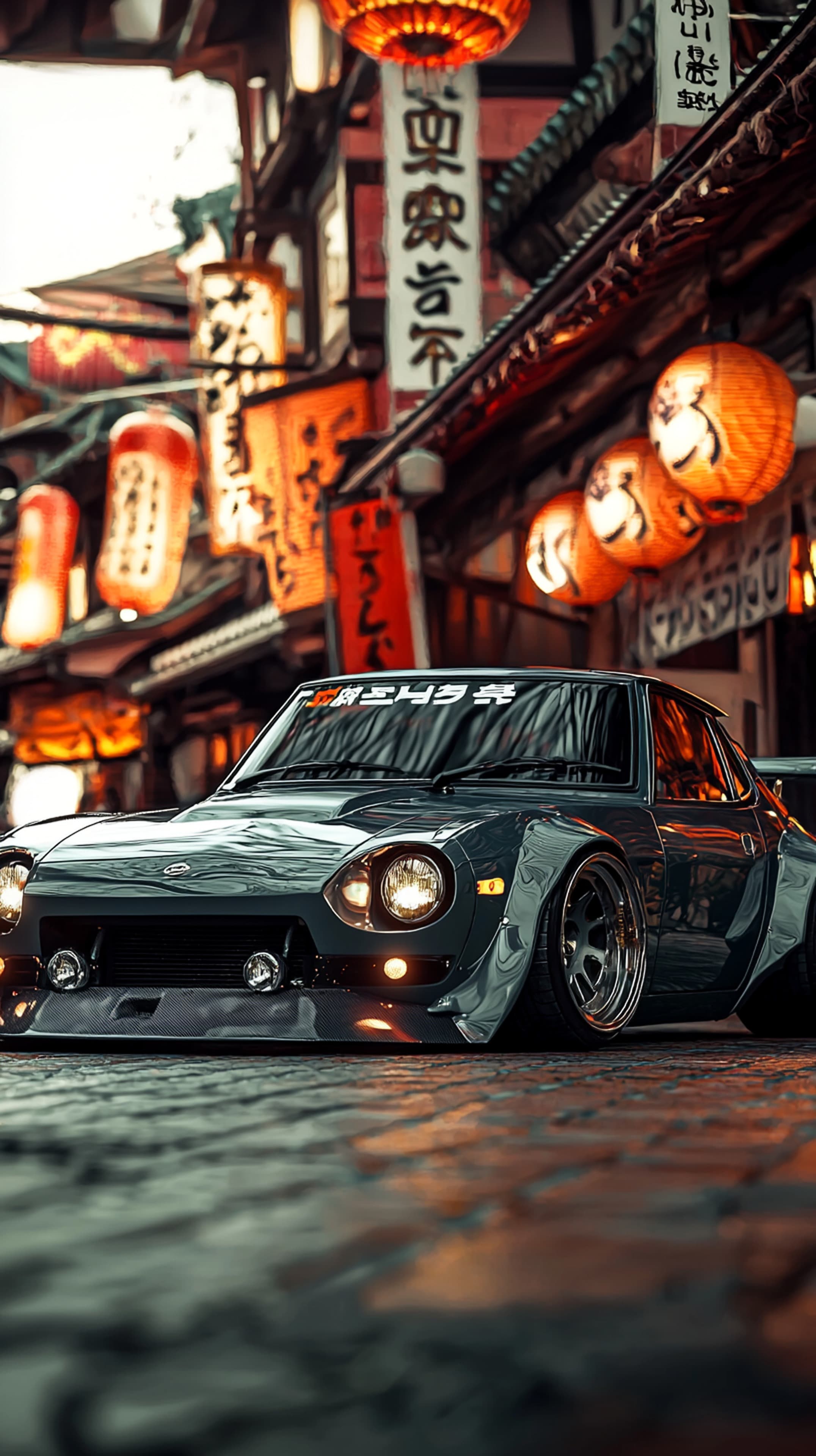 Neon Night: Classic Sports Car in a Lantern-Lit Alley - High Resolution classic-car Wallpaper for Mobile and Desktop